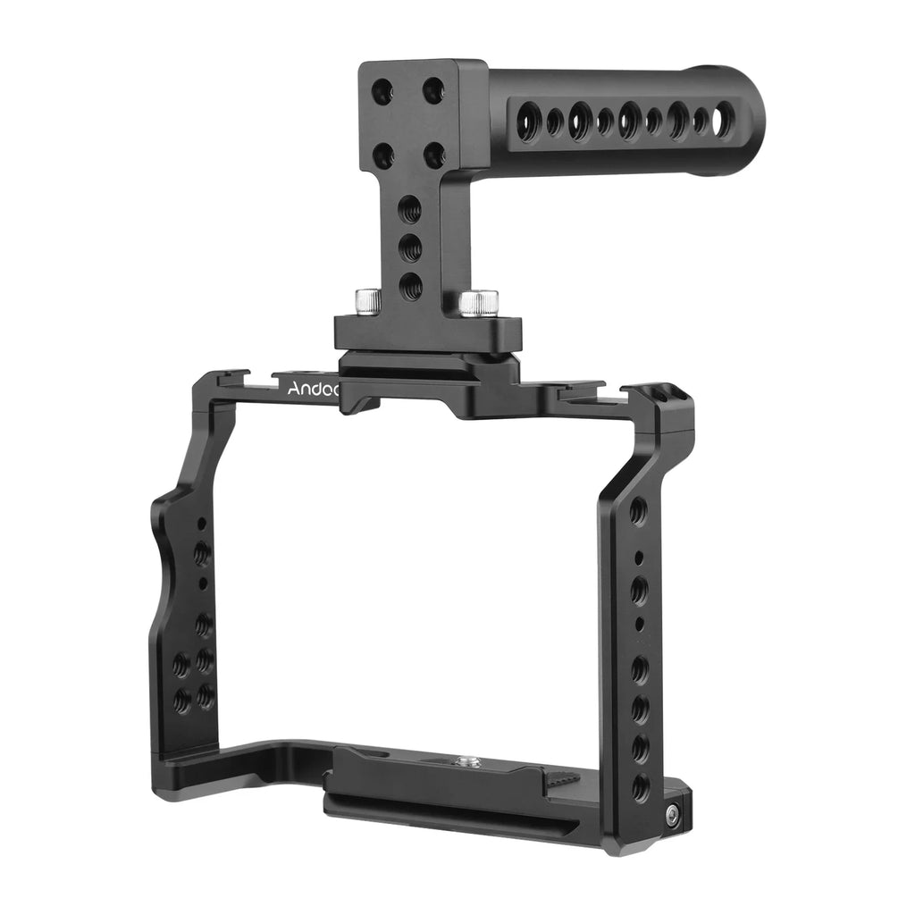 Andoer Camera Video Cage + Handle Kit Aluminum Alloy with Dual Cold Shoe Mounts Numerous 1/4 Inch Threads Replacement for Sony / / /  /  /