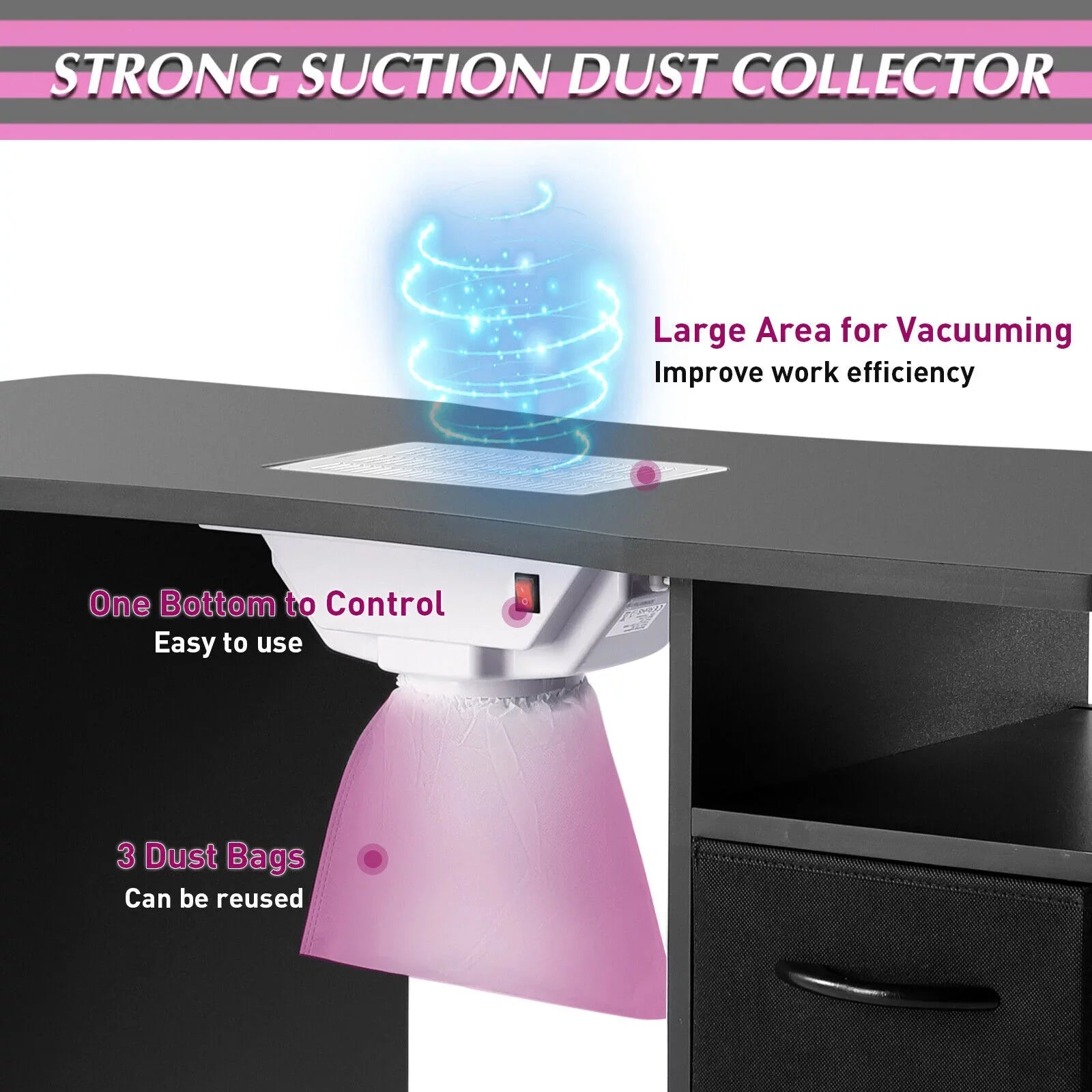 Artist Hand Black Nail Table Manicure Desk Beauty Station with Electric Downdraft Vent, Wrist Cushion, Lockable Wheels, Drawers, Shelves