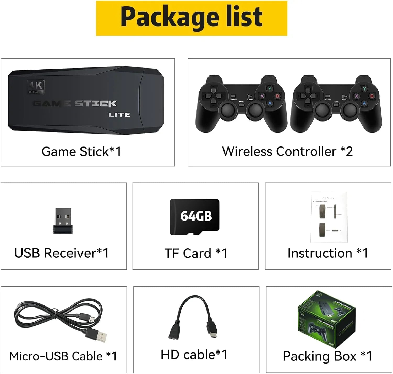Game Stick 64G, 25,000+ Retro Games, Compatible with 12 Emulator Console, Wireless Retro Game Console Support 4K  Output, Plug and Play Video Games for , 2.4G Wireless Controllers