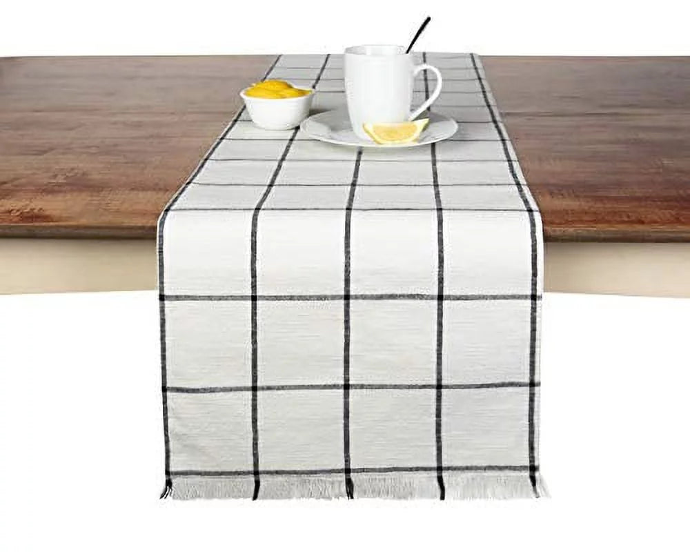Sticky Toffee Table Runner Cotton Farmhouse Plaid 14 in x 72 in, Table Décor for Kitchen or Dining, Cream Cloth Woven Table Runners