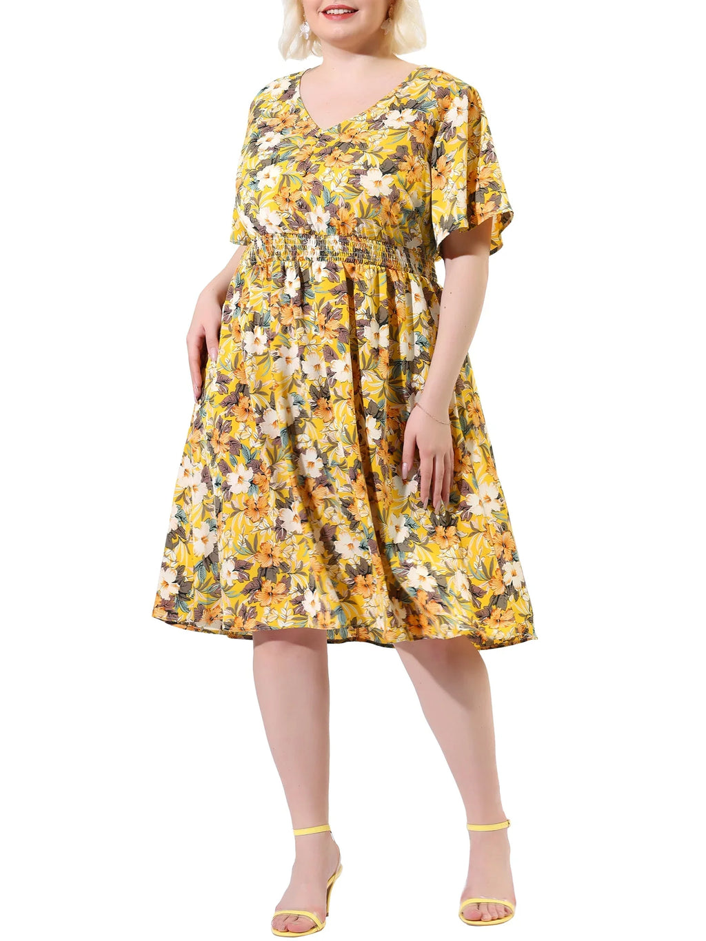 Juniors' Plus  Neck Floral Print Flare Sleeve Casual Midi Dress Yellow 3X