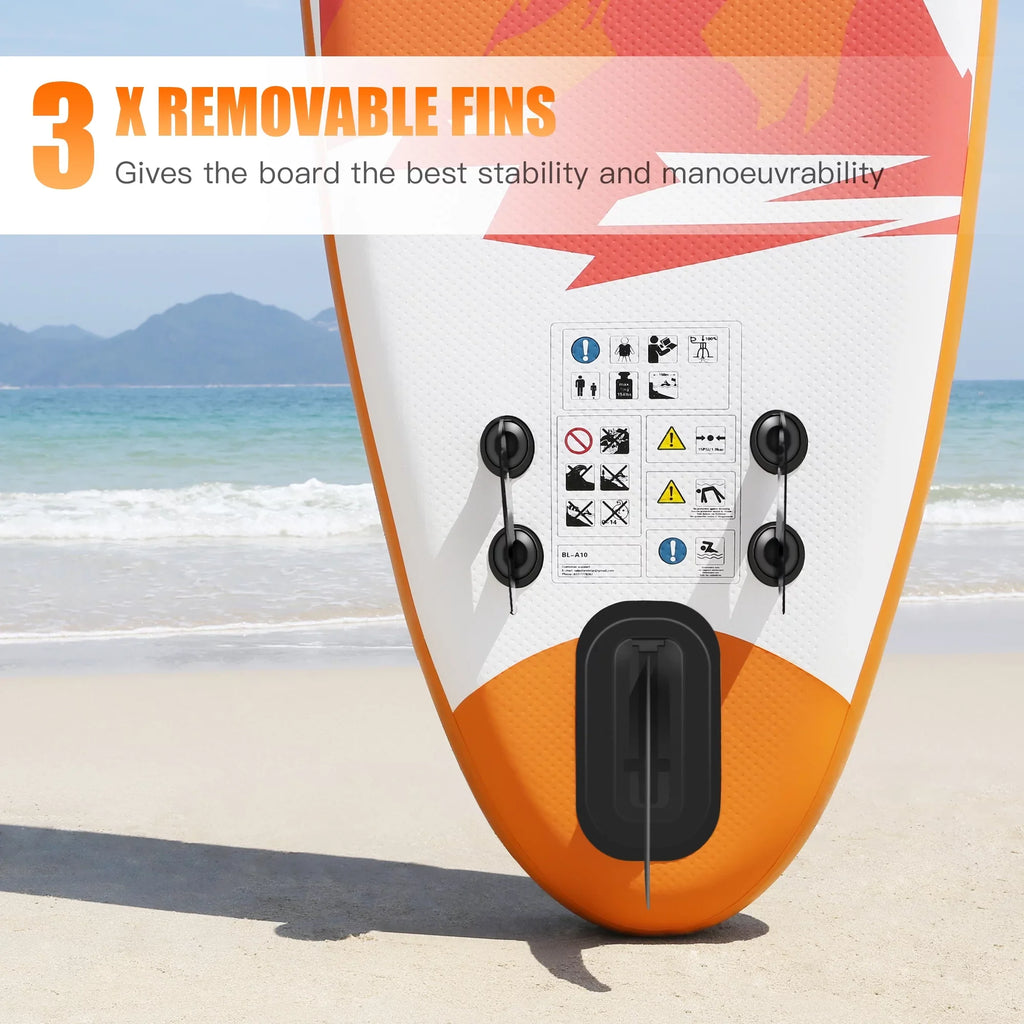 Famistar 10' Inflatable Stand Up Paddle Board (6"Thick) with / 3 Pins | Wide Stance, Bottom Fin for Paddling, Surf Control, Non-Slip Deck |Youth & Adult Standing Boat-Orange