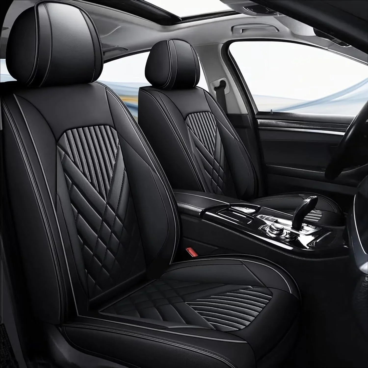 Fit Hyundai Kona 2018-2024 Car Seat Cover 5-seat Faux Leather Full Set Compatible Airbag(Black)