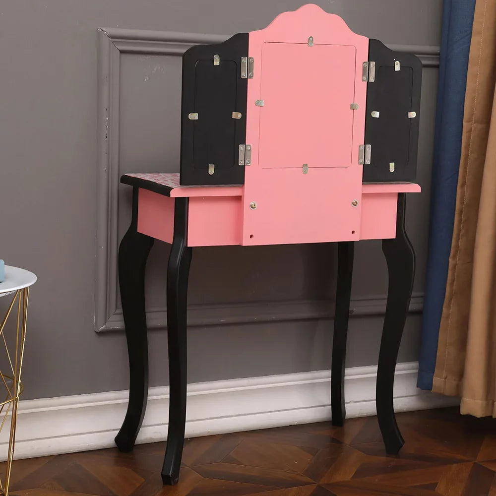 Topcobe Vanity Table Set with Mirror for Girls, 2 Drawers Makeup Table with Removable Desk Makeup Organizer, Pink Bedroom Dressing Table with Vanity Stool