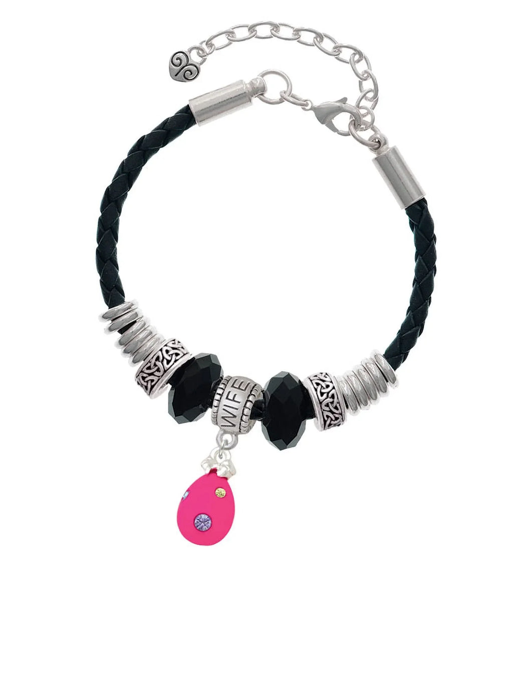 Delight Jewelry Hot Pink Easter Egg with Color Crystal Dots Wife Celtic Knot Leather Bead Bracelet, 7"+2" Extender