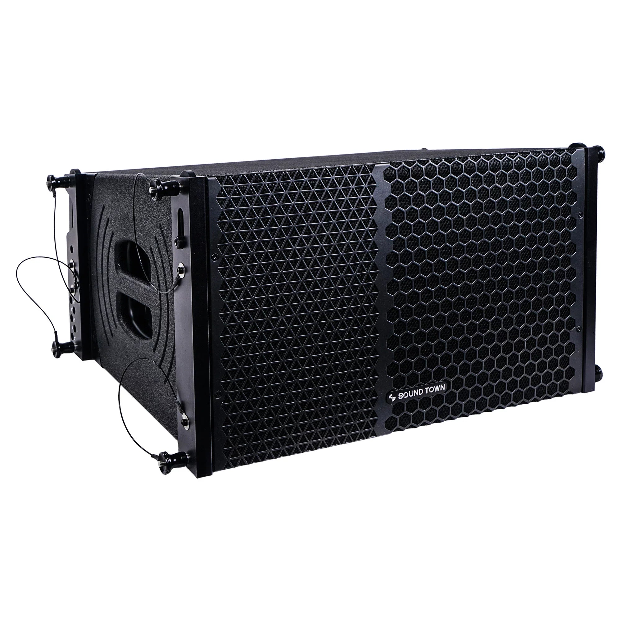 Sound Town  Series Line Array Speaker System with Four Compact Powered 1  10-inch Line Array Speakers, Black for Stages, Clubs, Bars, Restaurants, Churches and Schools