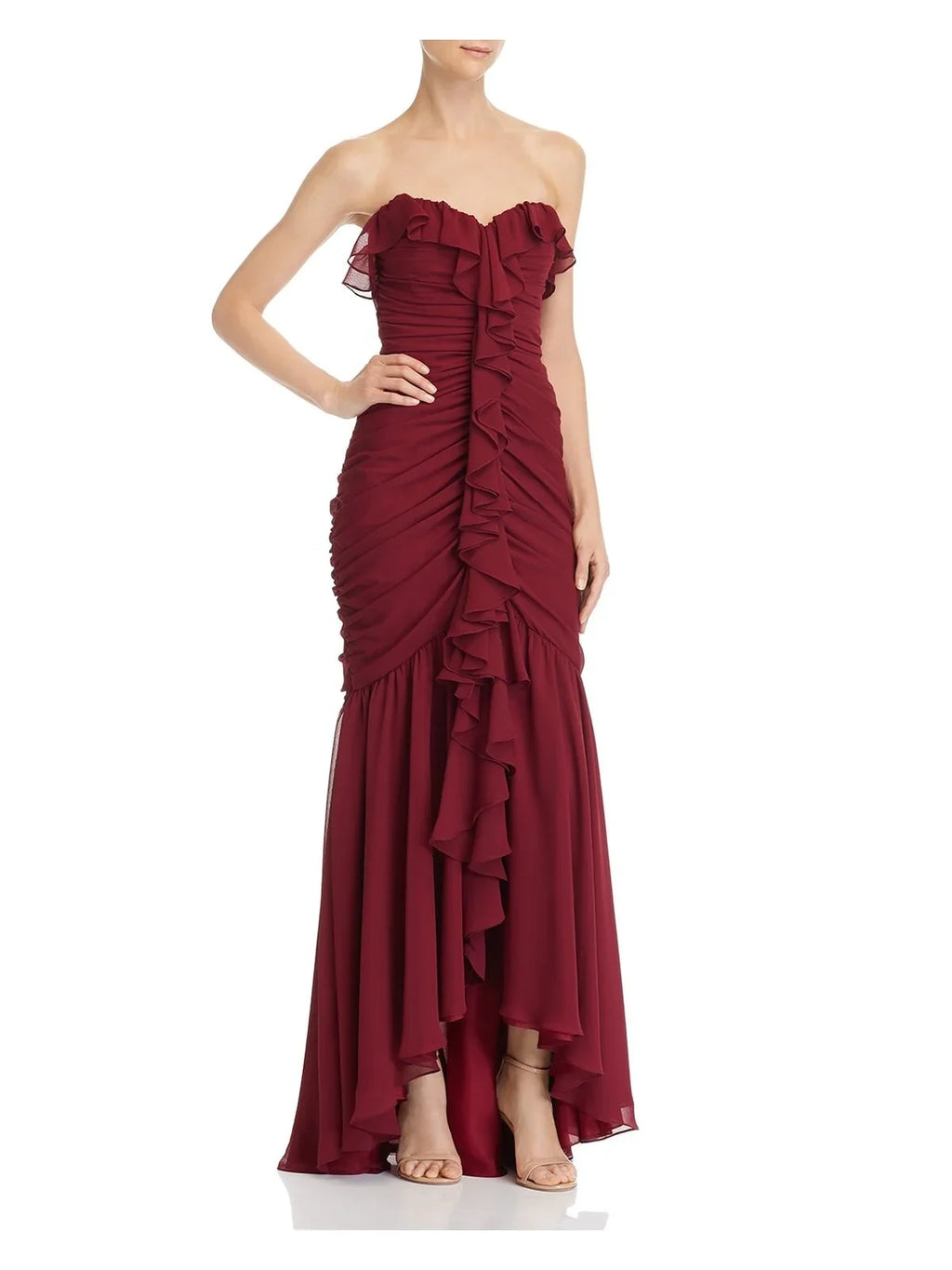 Womens Burgundy Sweetheart Neckline Full-Length Evening Hi-Lo Dress 2