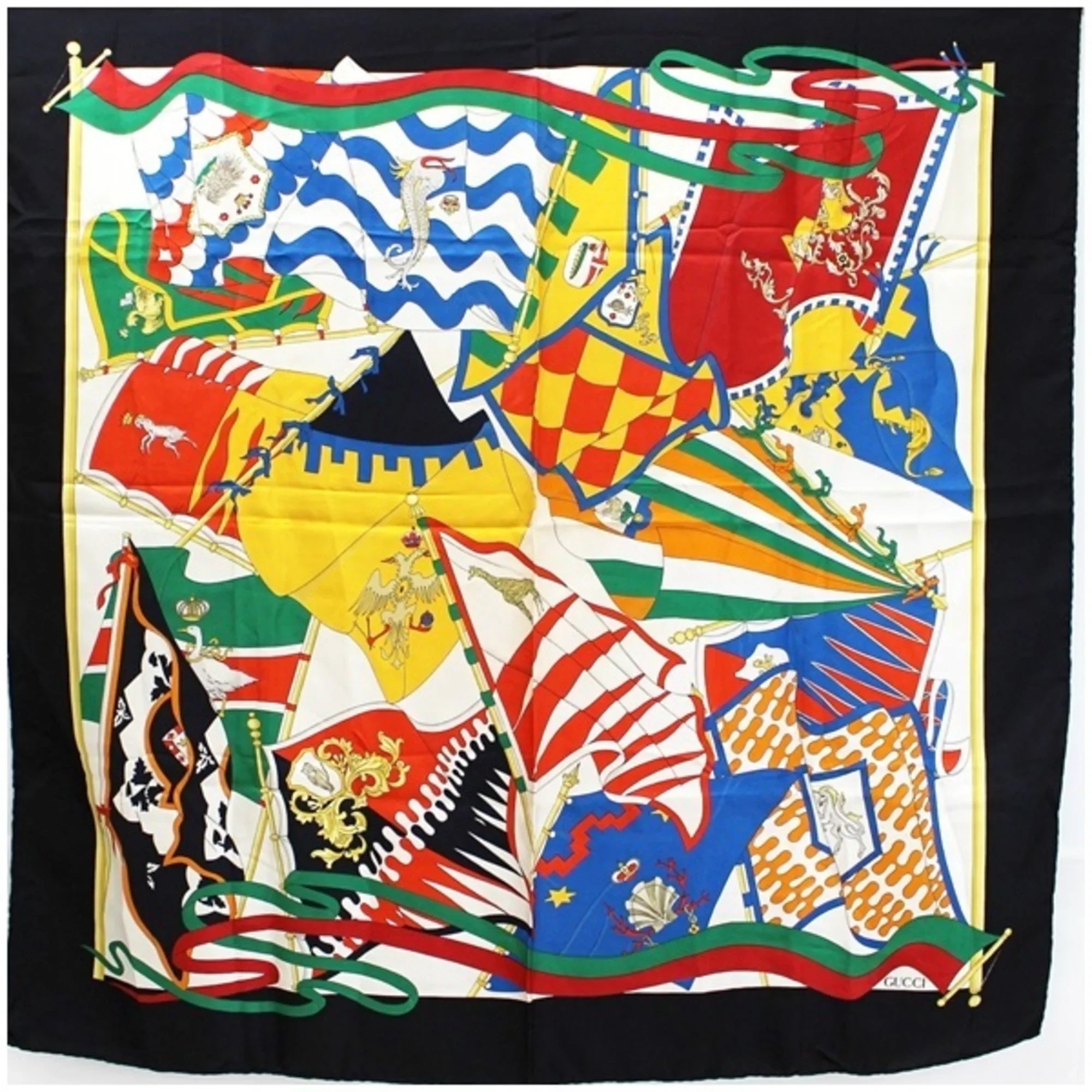 Pre-Owned Gucci Silk Scarf Muffler Stole Black x Multicolor  | Ladies (Good)