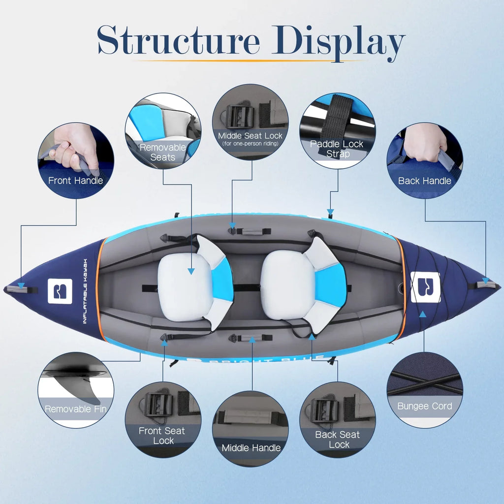 2 Person Inflatable Kayak for Adults Polyester Travel Entertainment Small River or Lake Blue
