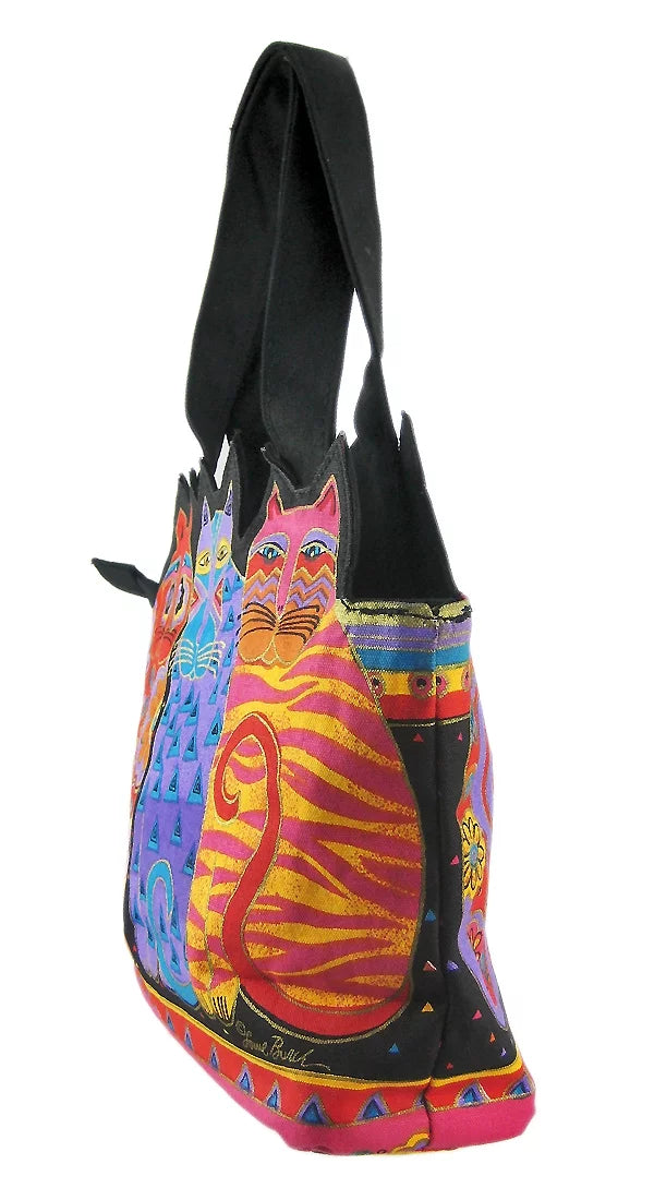 Laurel Burch Medium Tote Zipper Top 12".5".5"-Tres Gatos - Red, Orange & Blue