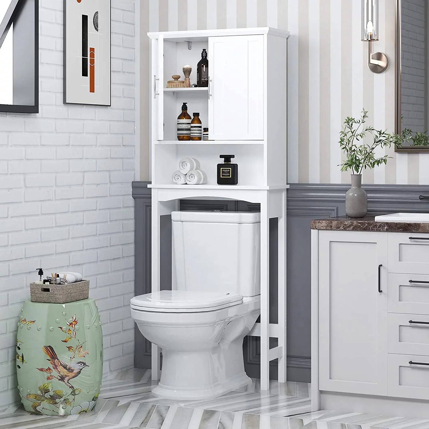 Spirich Home Over The Toilet Storage Cabinet, Bathroom Shelf Over Toilet, Bathroom Organizer Space Saver, White