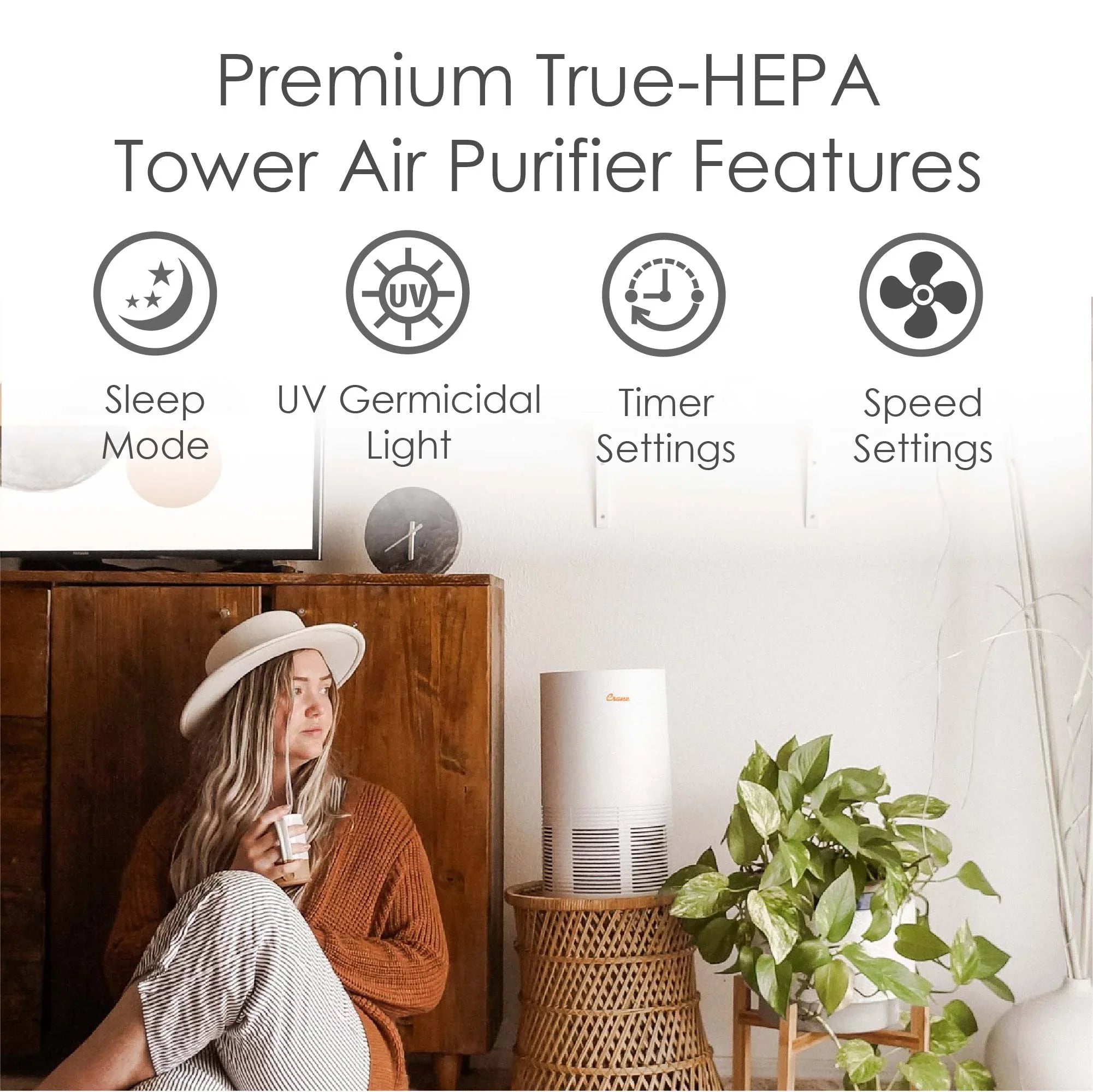 Crane -  True  Tower Air Purifier with  Light, 300 Sq feet Coverage, White