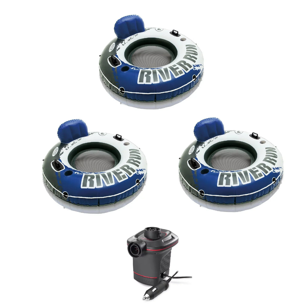 Intex River Run 1 Person Floating Tube (3 Pack) and 12 Volt  Electric Air Pump