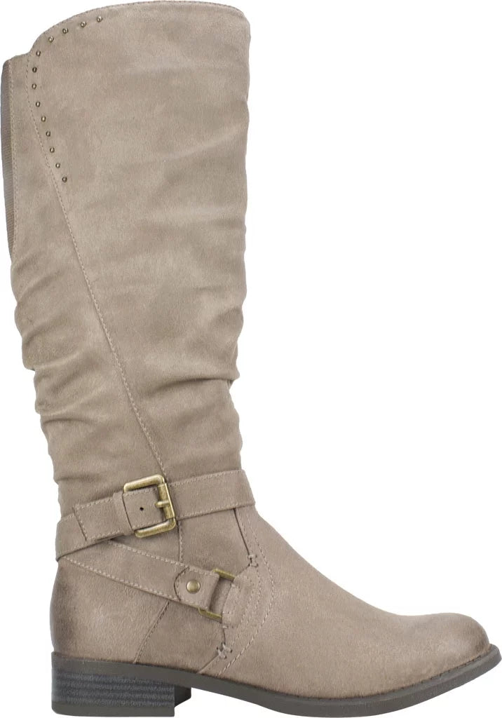 Womens Beige Studded Stretch Gore Cushioned Wide Calf Ruched Buckle Accent Liona Round Toe Block Heel Zip-Up Riding Boot 5