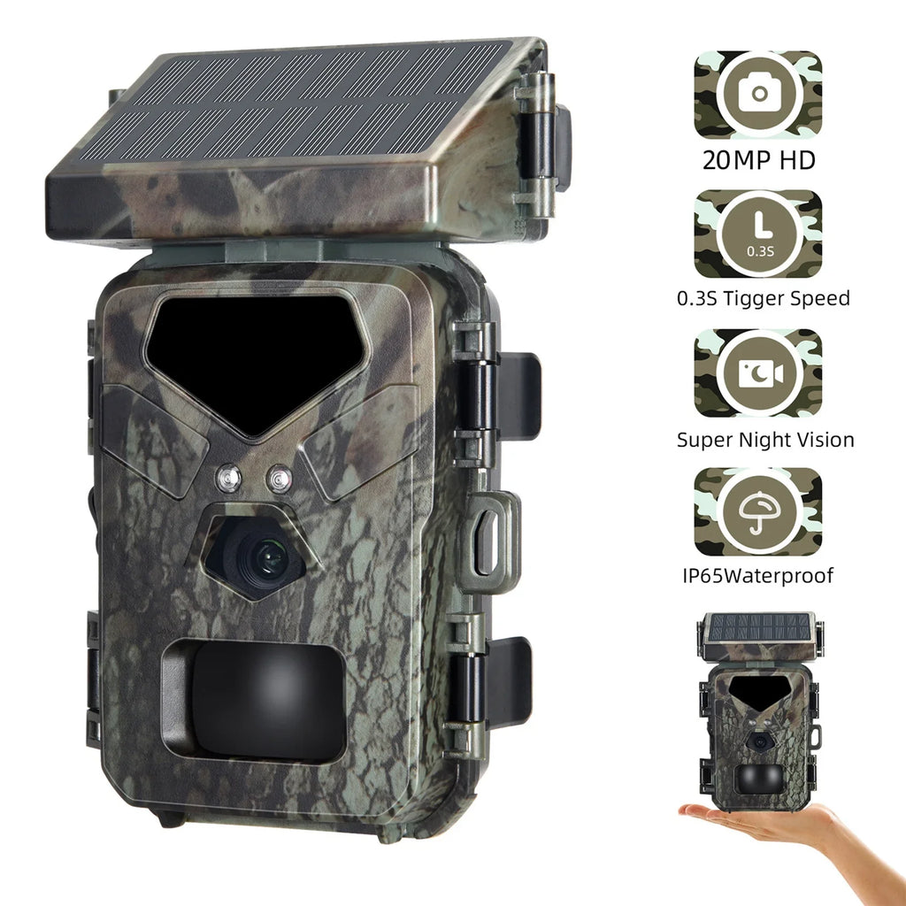 Trail Camera Solar Powered 20MP 1080P Game Camera 0.3s Trigger Time Hunting Cam with Night Vision Motion Activated  Waterproof Loop Recording for Wildlife