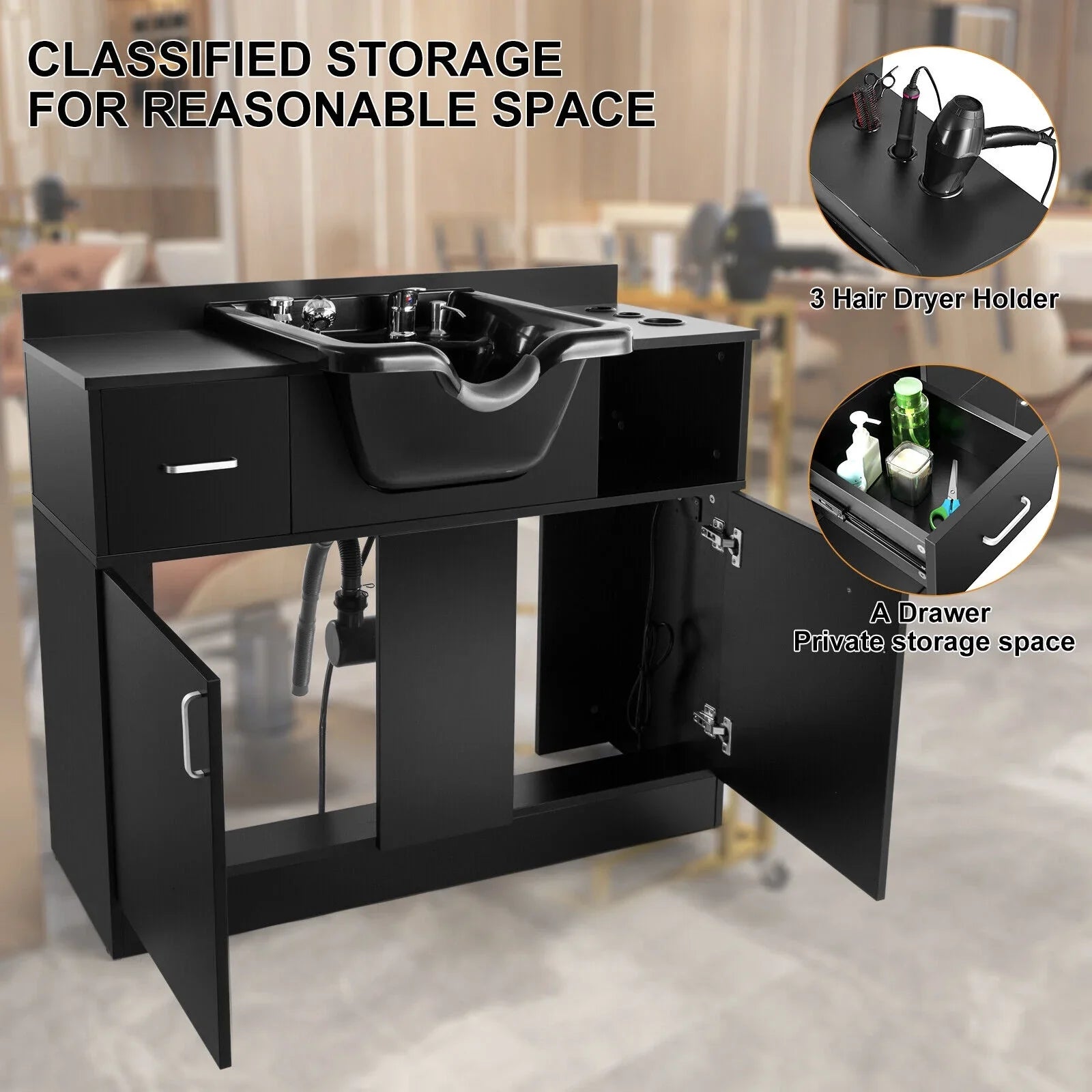 Artist hand Backwash Sink Shampoo Station Hair Salon Beauty with ,Hair Dryer Holes, Trap,Drawer(Black)