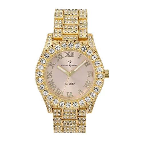 Women's Big Rocks Bezel Colored Dial with Roman Numerals Fully Iced Out Watch w/Matching Bling'ed Out Tennis Bracelet -  ( Gold - Blush)