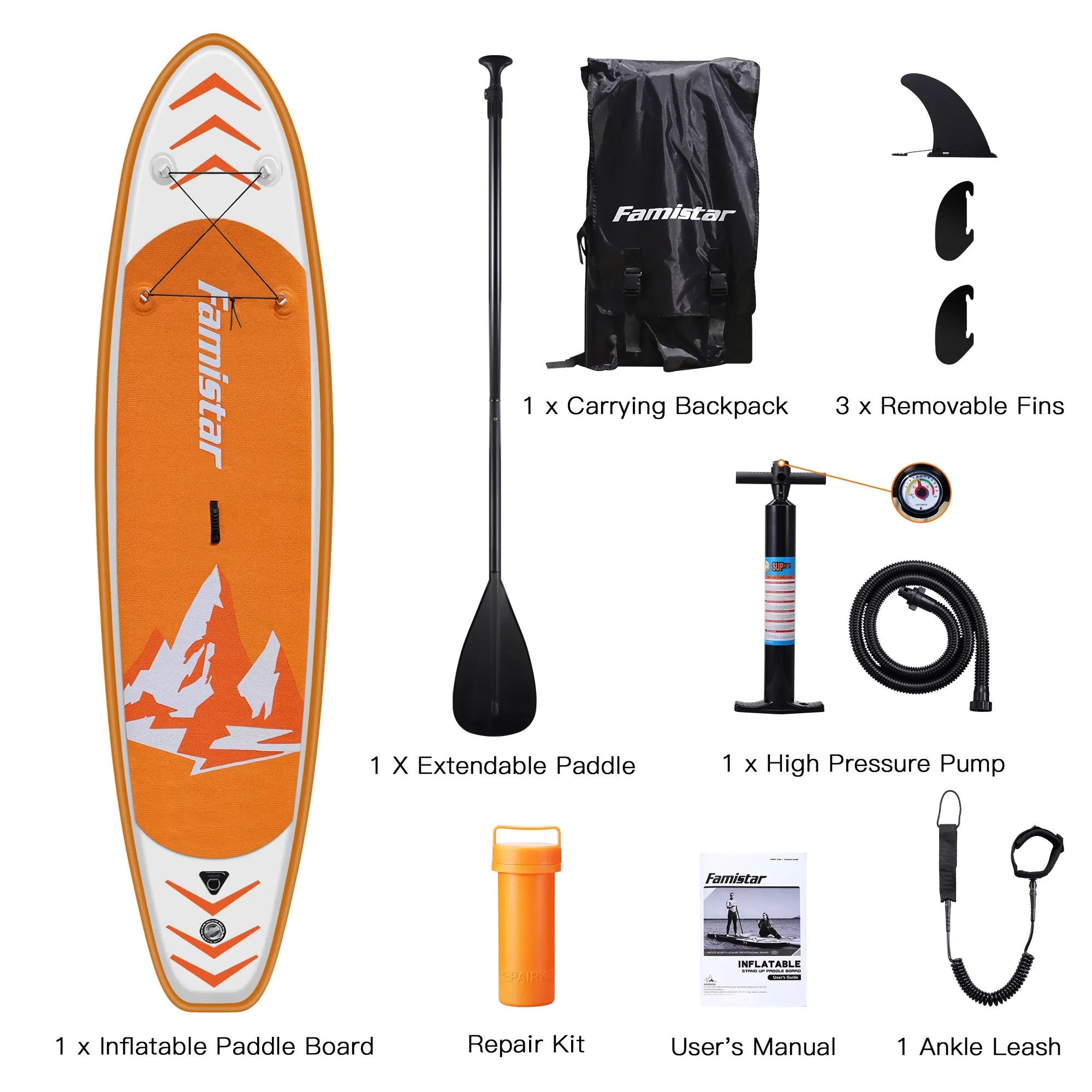 Famistar 10' Inflatable Stand Up Paddle Board (6"Thick) with / 3 Pins | Wide Stance, Bottom Fin for Paddling, Surf Control, Non-Slip Deck |Youth & Adult Standing Boat-Orange