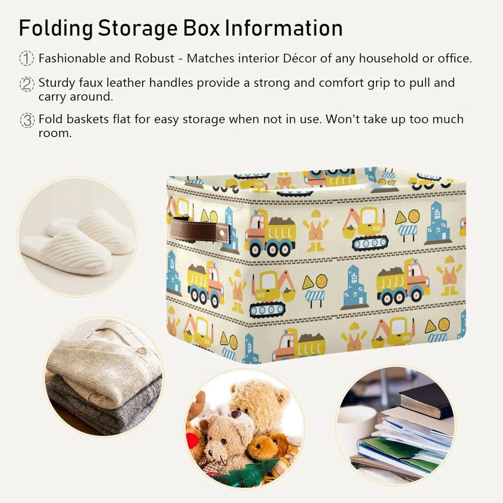 Coolnut Cartoon Construction Truck Storage Basket, Durable Canvas Organizer With Handles Large Collapsible Storage Bins Boxes for Home Office - 2 Pack