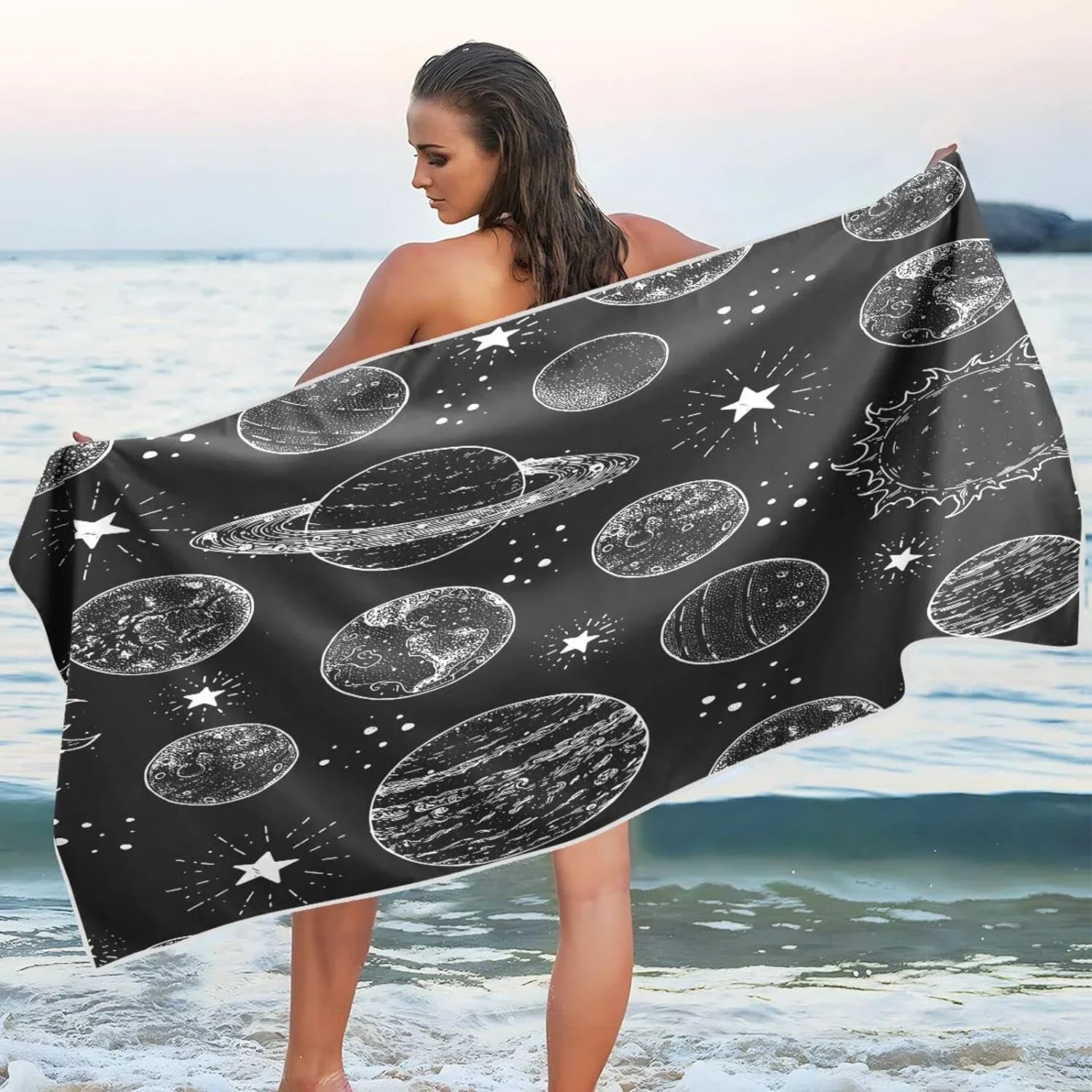 Bestwell Space Planets Pattern Beach Towel - Lightweight Compact Oversized Travel Towels - Super Absorbent Quick Dry Towel for Swimming Camping Holiday（387）
