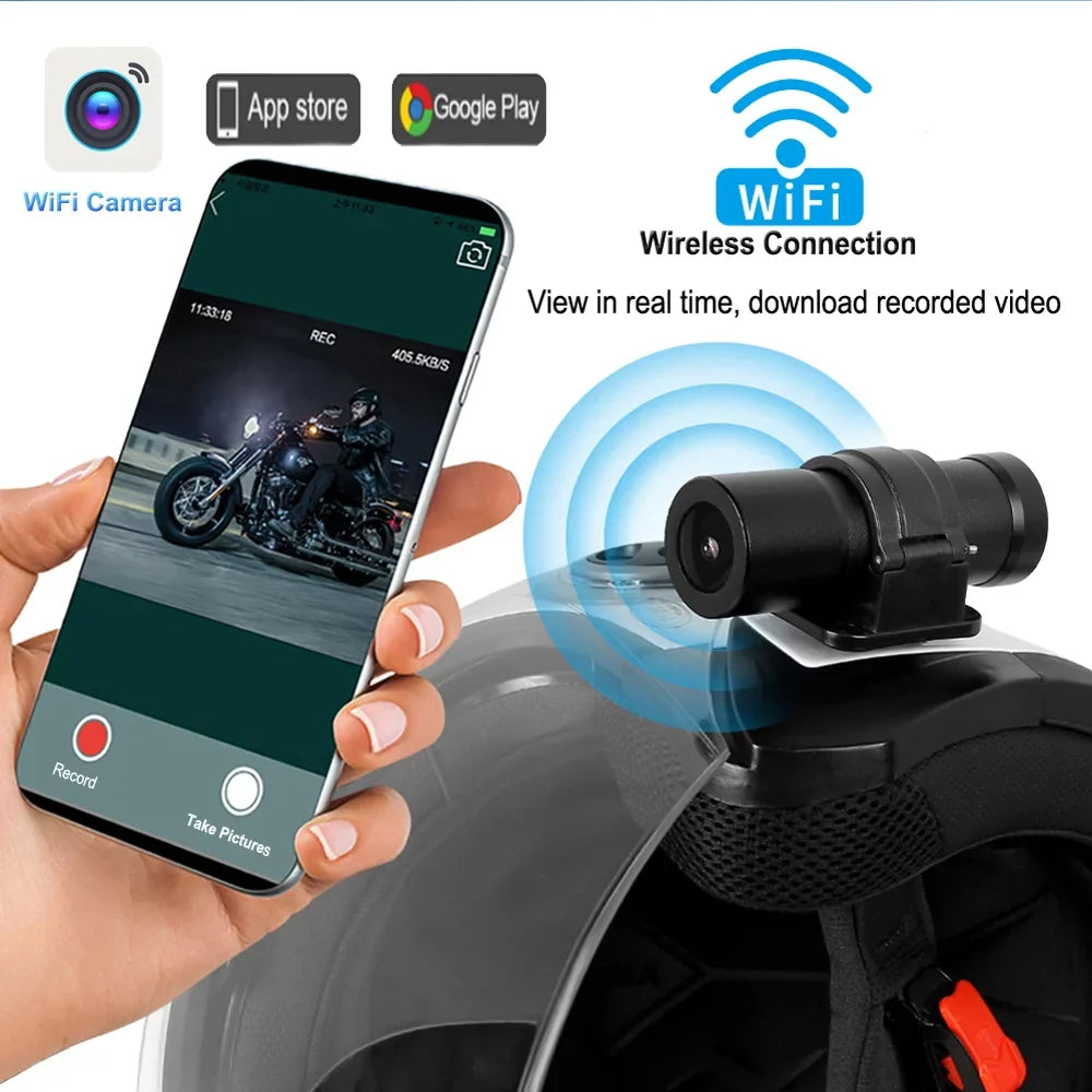 WiFi Helmet Camera with Remote Control,  1080P Bicycle Camera Waterproof Portable 150° Wide Angle Night Vision Lens Action Camera , Loop Recording, -Sensor