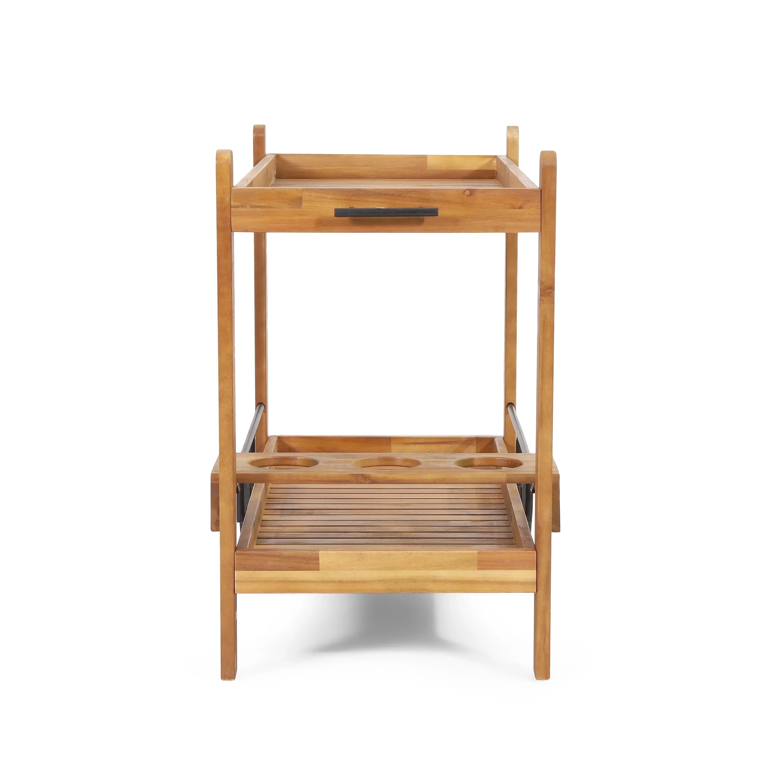 Studio Bonneau Outdoor Acacia Wood 2 Tiered Bar Cart with Bottle Holders, Teak and Black