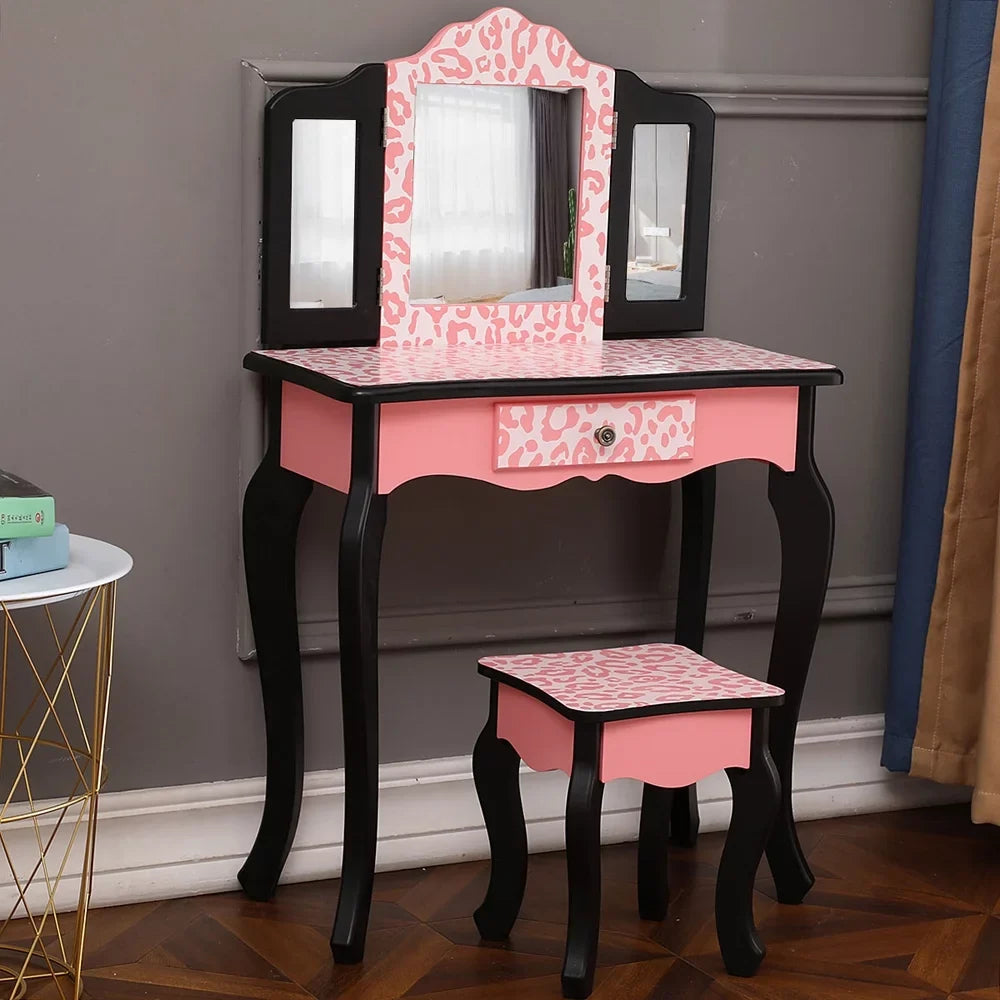 Topcobe Vanity Table Set with Mirror for Girls, 2 Drawers Makeup Table with Removable Desk Makeup Organizer, Pink Bedroom Dressing Table with Vanity Stool
