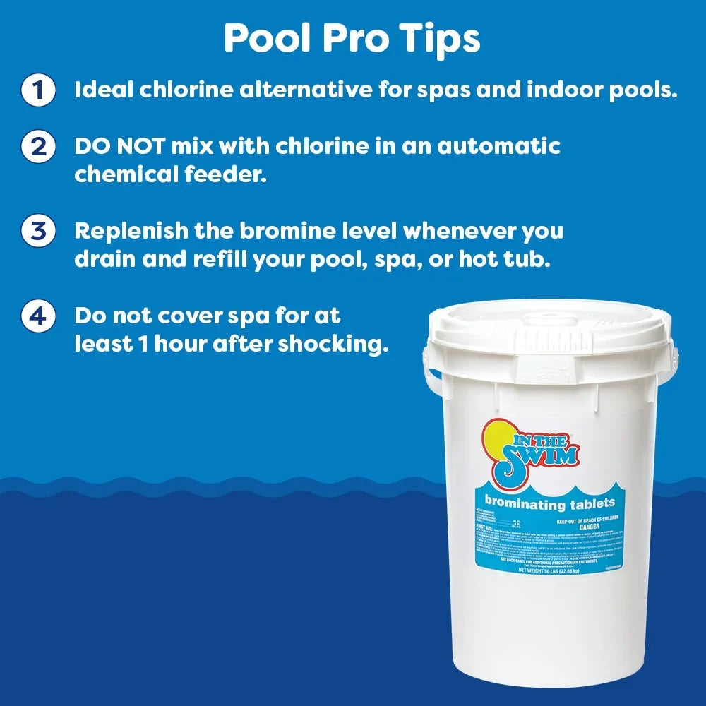In The Swim 1 Inch Bromine Tablet Sanitizer for Spas, Hot Tubs, or Swimming Pools - Pre-Stabilized, Low Odor, Chlorine Alternative - 61% Available Bromine - 8 Pounds