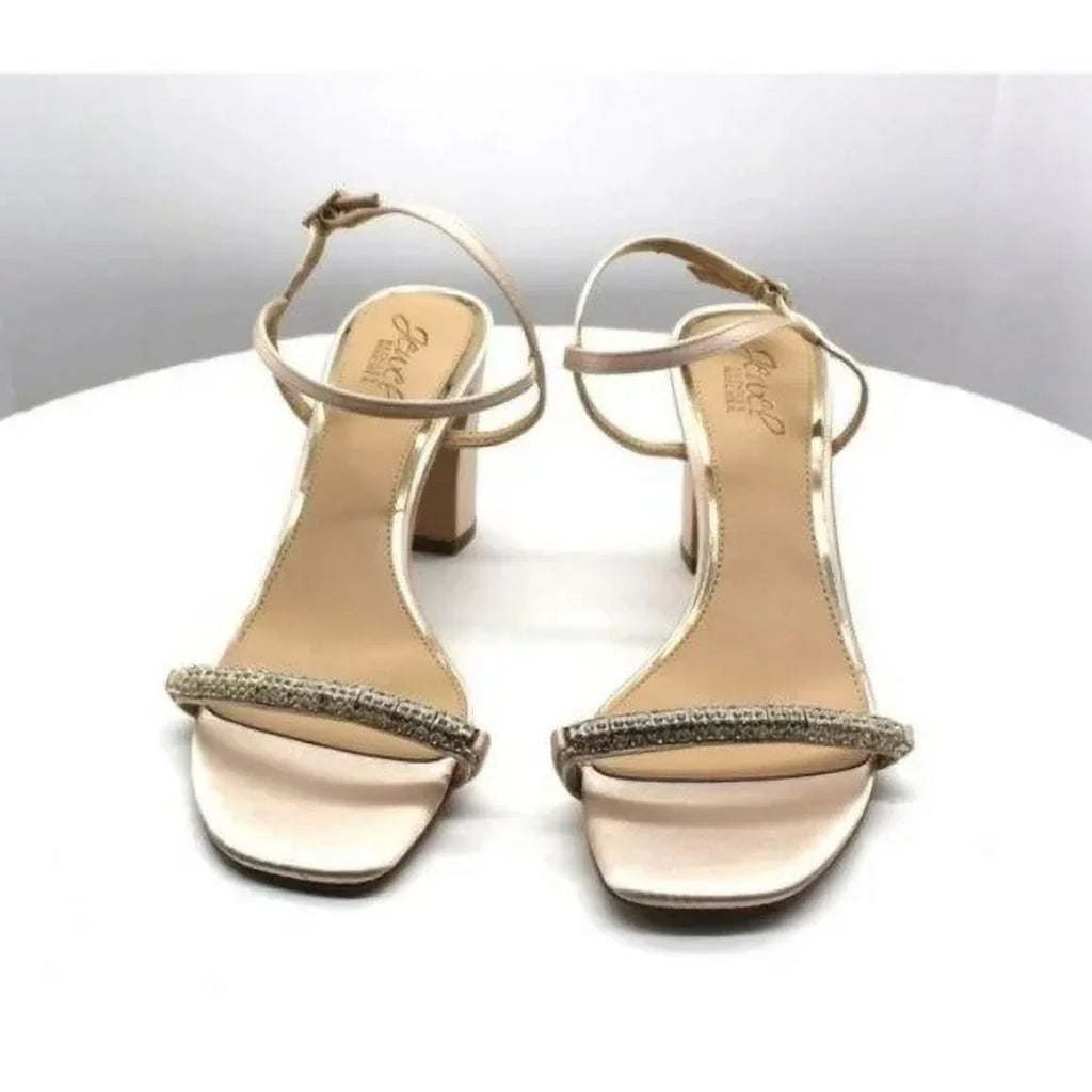 Womens Beige Rhinestone Ankle Strap Charlee Round Toe Block Heel Buckle Dress Heeled Sandal 9.5