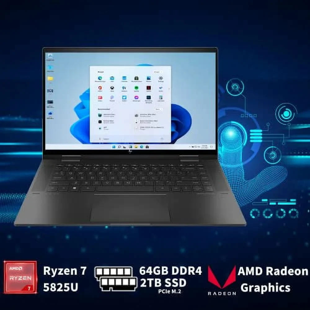 2022 Envy x360 2-in-1 15.6" Touchscreen Laptop,  Ryzen 7 5825U, 64GB , 2TB PCIe ,  Radeon Graphics, True Vision 5MP  Camera, Backlit Keyboard, Win 11, Black, 32GB  Card