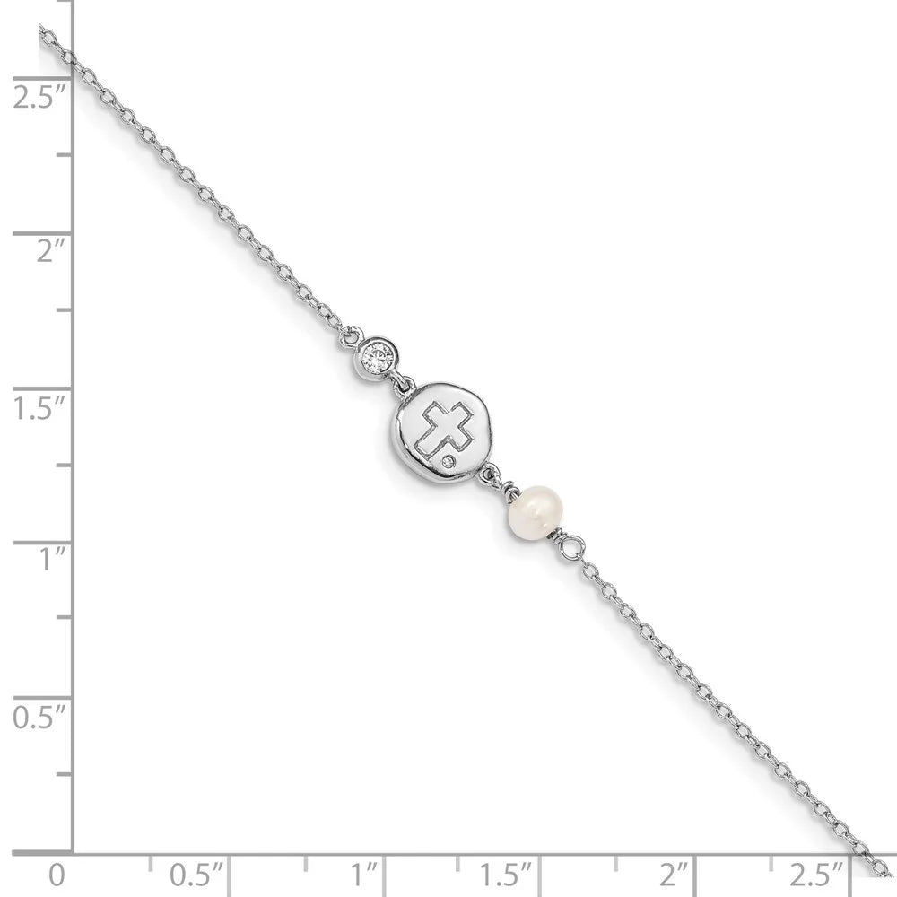 Auriga 925 Sterling Silver -plated /Cross/ Pearl w/0.5inch ext Bracelet for Women