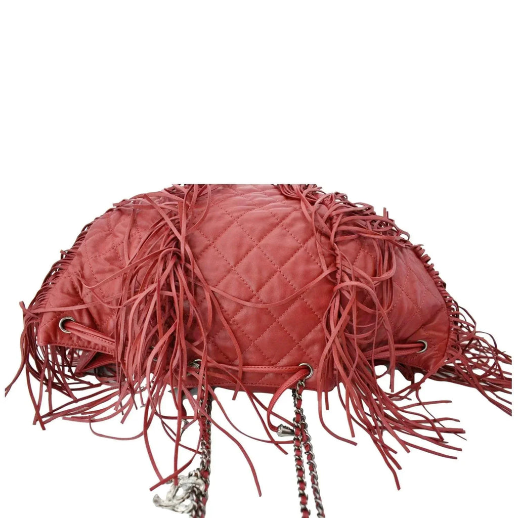 Pre-Loved  Paris Dallas Drawstring Fringe Leather Shoulder Bag Red