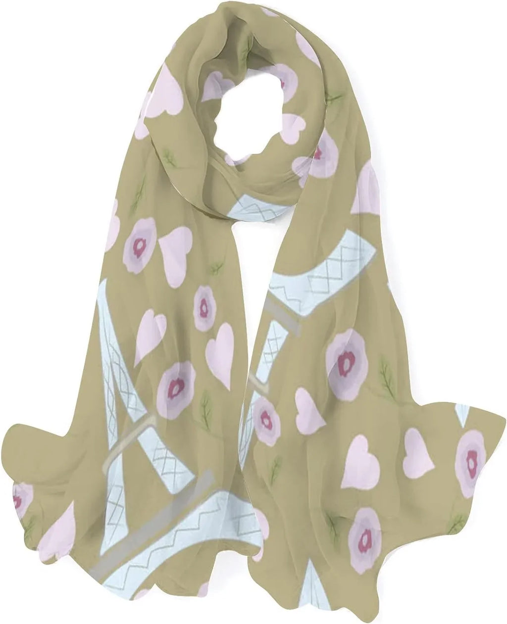 Hyjoy Eiffel Tower Hearts And Rose Long Silk Neck Scarf Lightweight Shawl Wrap Scarves for Women Girls