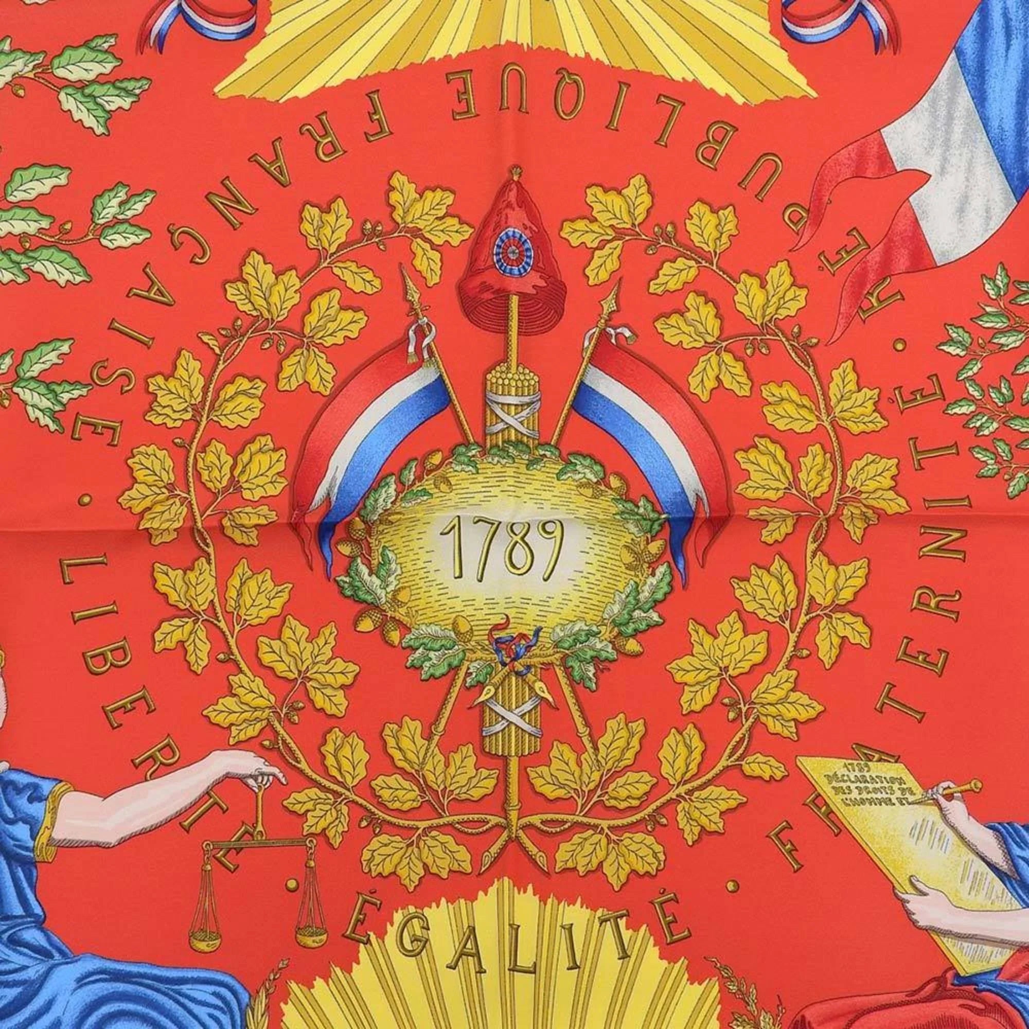 Pre-Owned Hermes Carre 90 Scarf Silk Blue Red Pattern Commemorating the French Revolution (Like New)