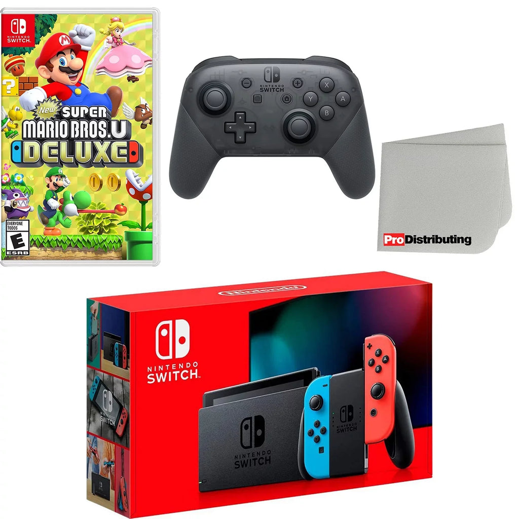 Nintendo Switch Console Neon Red & Blue with Extra Wireless Controller, New Super Mario Bros.  Deluxe and Screen Cleaning Cloth