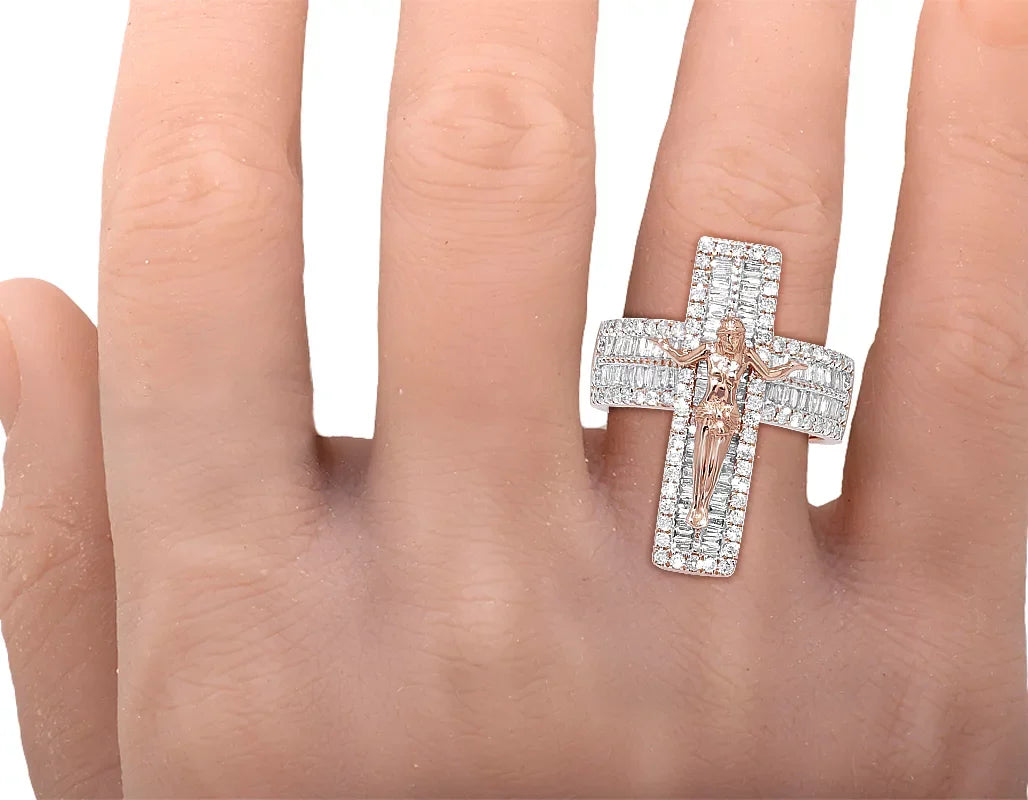 'Jesus on Cross' Baguette 1.86  Diamond Pinky Ring Gold