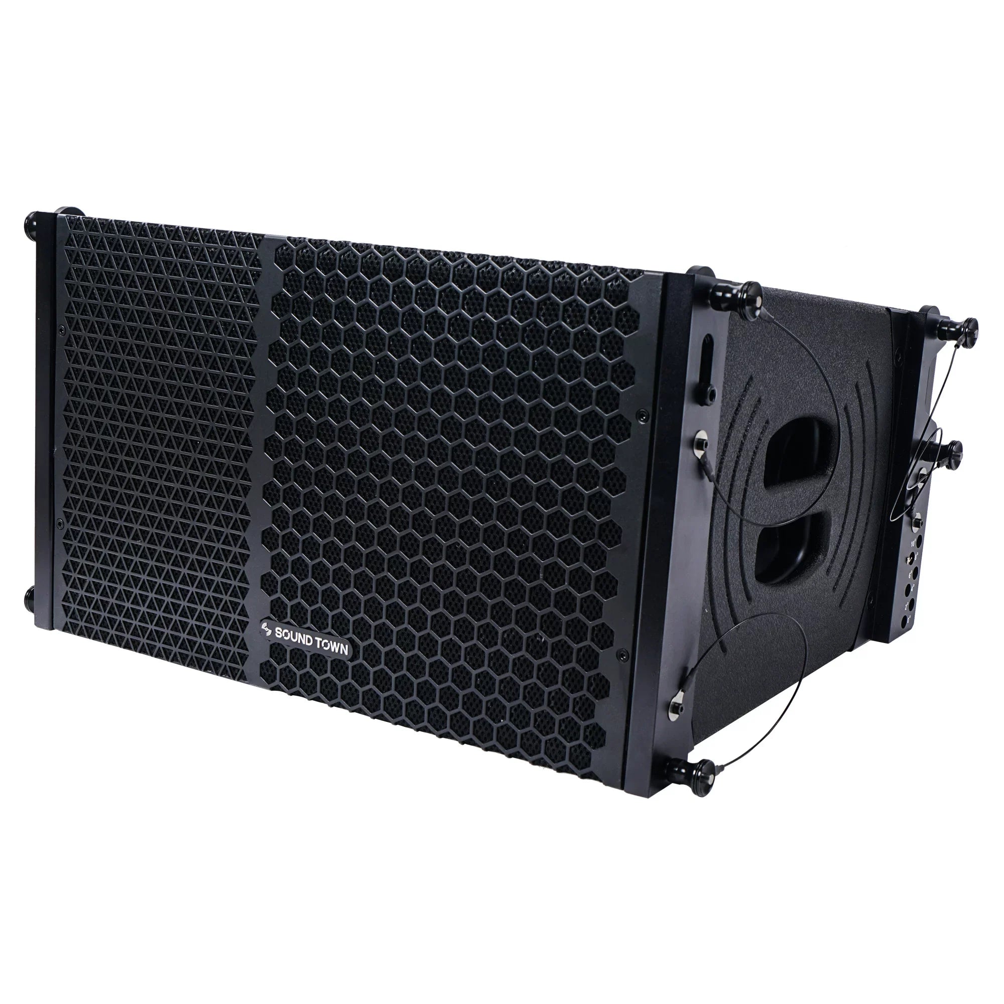 Sound Town  Series Line Array Speaker System with Four Compact Powered 1  10-inch Line Array Speakers, Black for Stages, Clubs, Bars, Restaurants, Churches and Schools