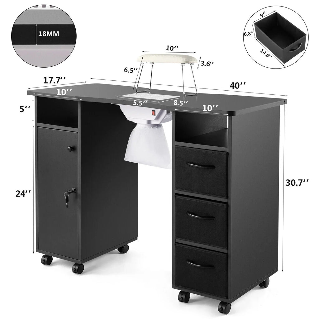 Artist Hand Black Nail Table Manicure Desk Beauty Station with Electric Downdraft Vent, Wrist Cushion, Lockable Wheels, Drawers, Shelves