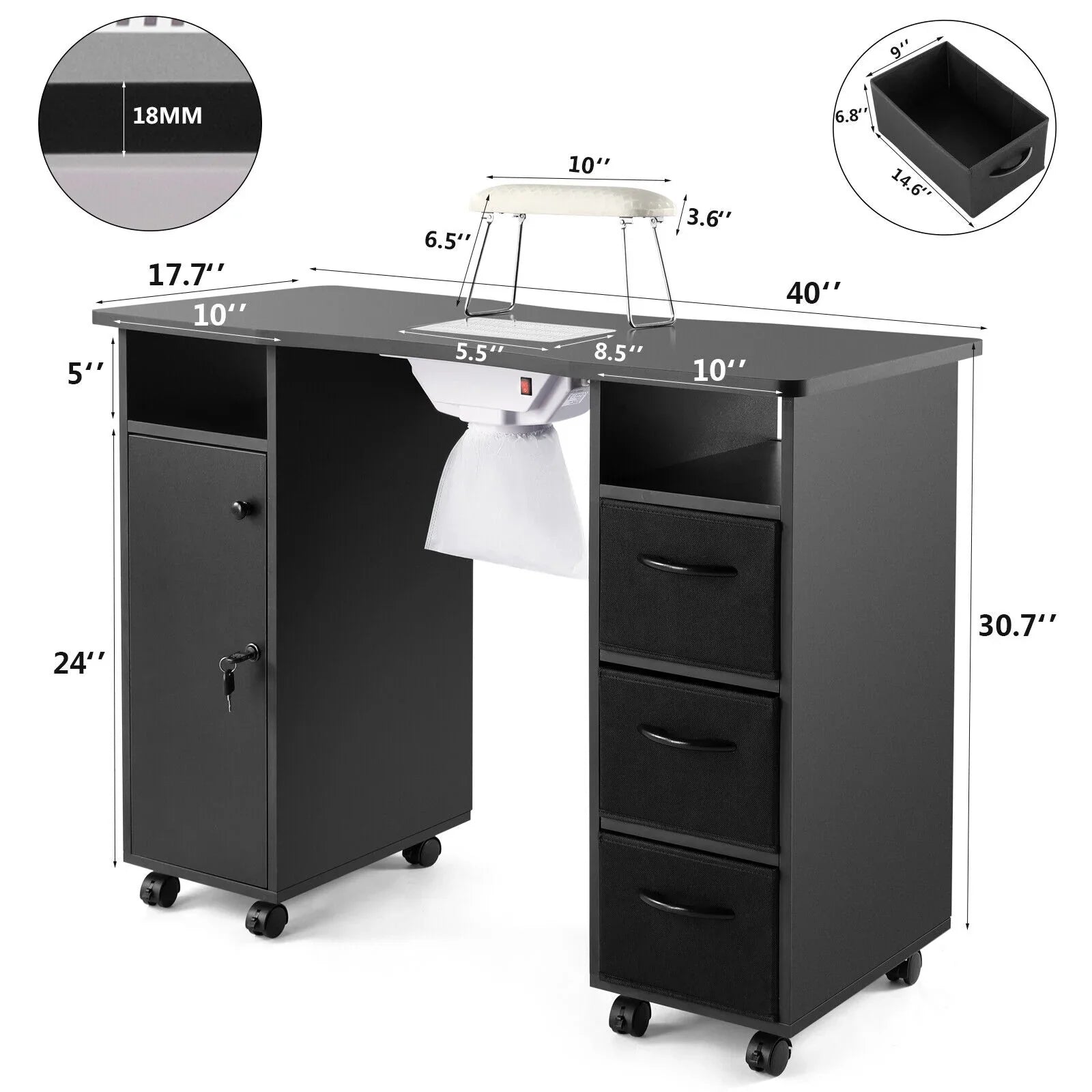 Artist Hand Black Nail Table Manicure Desk Beauty Station with Electric Downdraft Vent, Wrist Cushion, Lockable Wheels, Drawers, Shelves