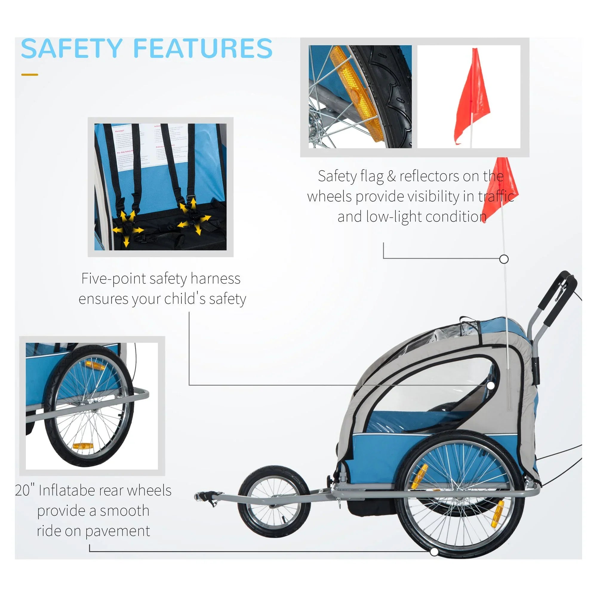 Aosom Elite 2-In-1 Double Child Two-Wheel Bicycle Cargo Trailer And Jogger With 2 Safety Harnesses - Blue