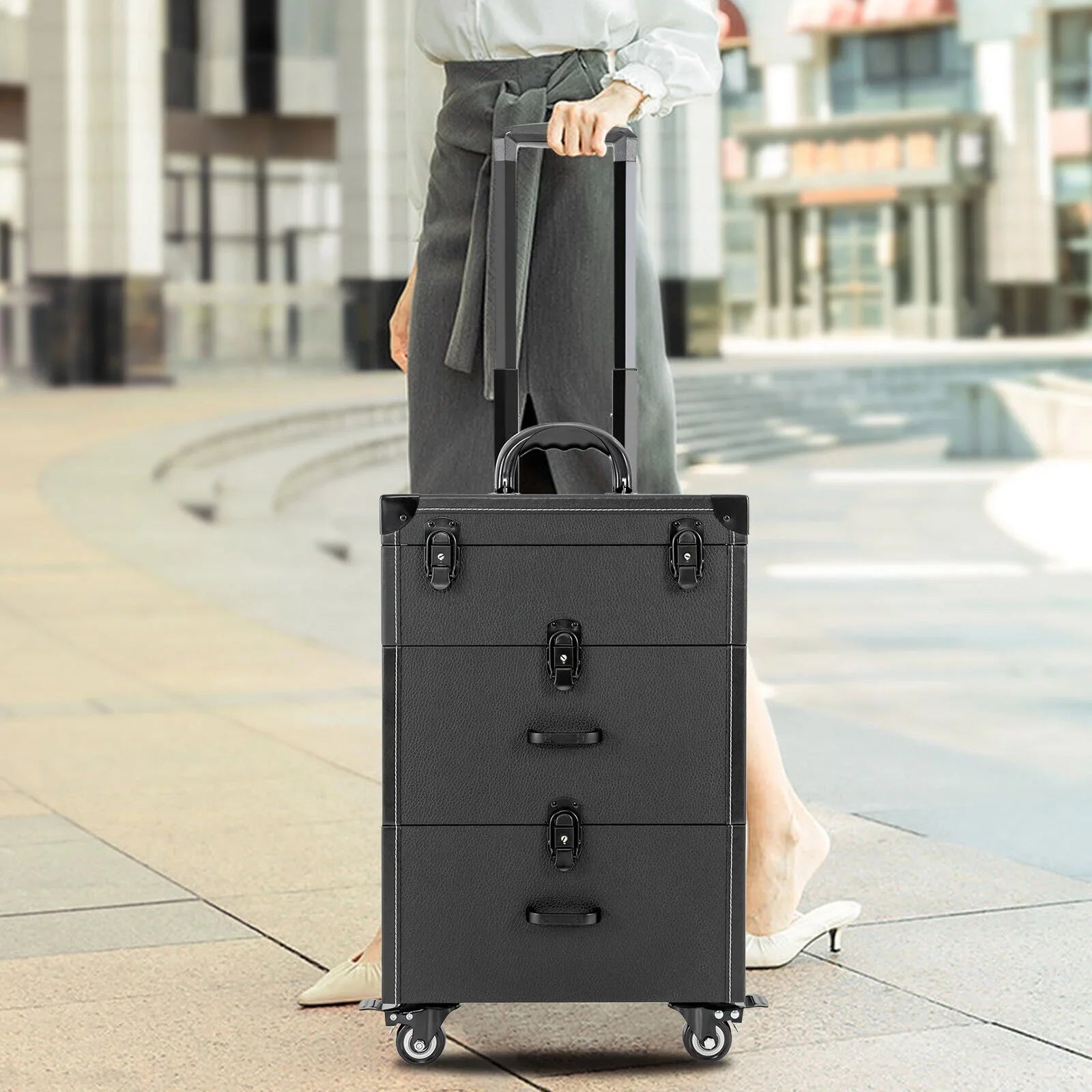 Miumaeov Rolling Makeup Train Case Professional Cosmetic Trolley Storage Luggage Box Nail Polish Organizer