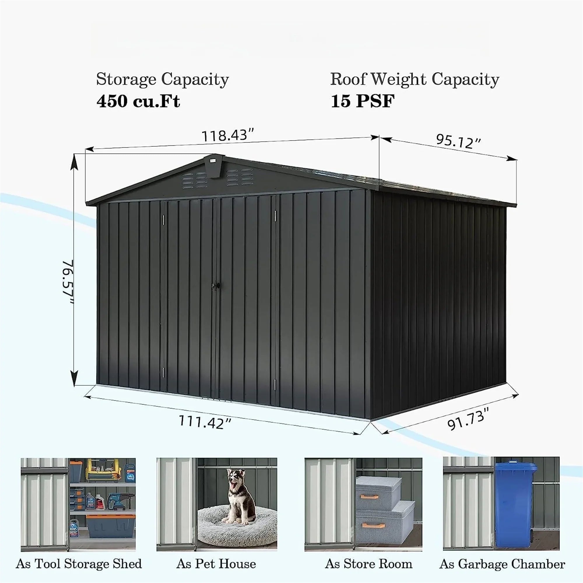 Capri Outdoor Storage Shed 10'x 8', Metal Garden Shed for Bike, Trash Can, Tools, Galvanized Steel Outdoor Storage Cabinet with Lockable Door for Backyard, Patio, Lawn, Black