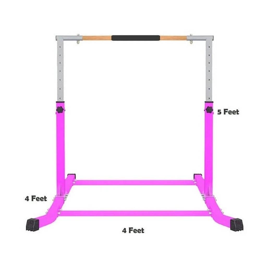 Pro-Gymnastics Adjustable Kip Bar for Kids | Heavy Duty Junior Gym Training | Curved Legs, Cushioned Hand Bar | Height Expandable Up to 5FT | Fitness Horizontal Bar | Pink