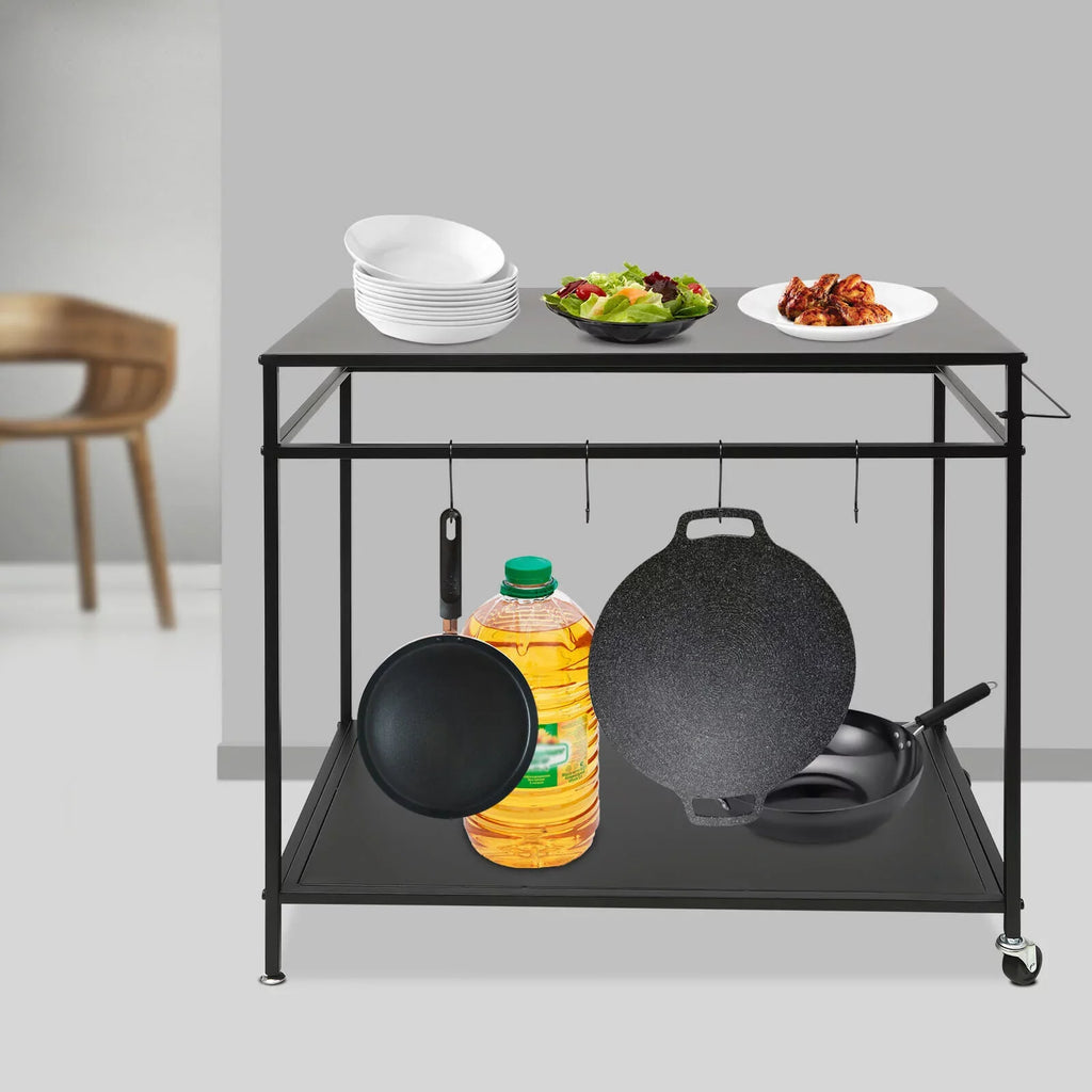 Outdoor Cook Station Table 2-Tier Shelf Food Prep  Grill Serving Cart Movable Rack