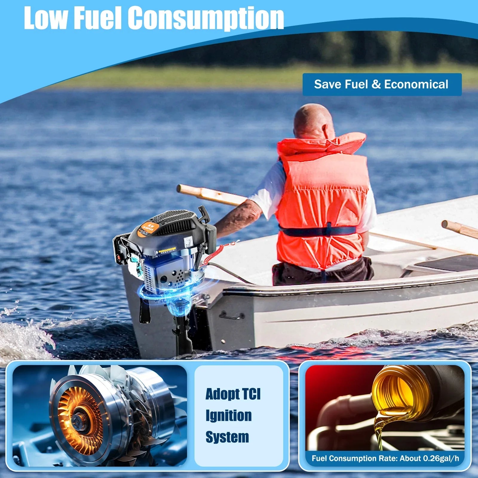 Fichiouy 6  4 Stroke Outboard Motor Engine Tiller Shaft Boat Engine Air Cooling 2500rpm with  Water Air Cooling System 1:1.5