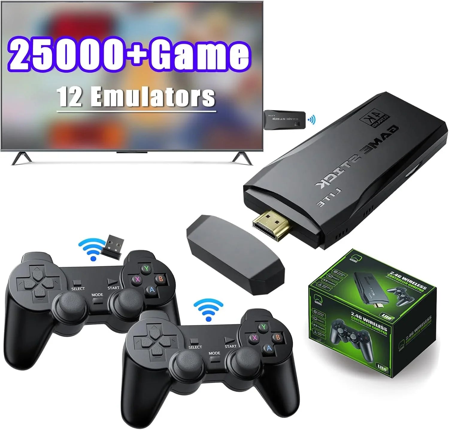 Game Stick 64G, 25,000+ Retro Games, Compatible with 12 Emulator Console, Wireless Retro Game Console Support 4K  Output, Plug and Play Video Games for , 2.4G Wireless Controllers