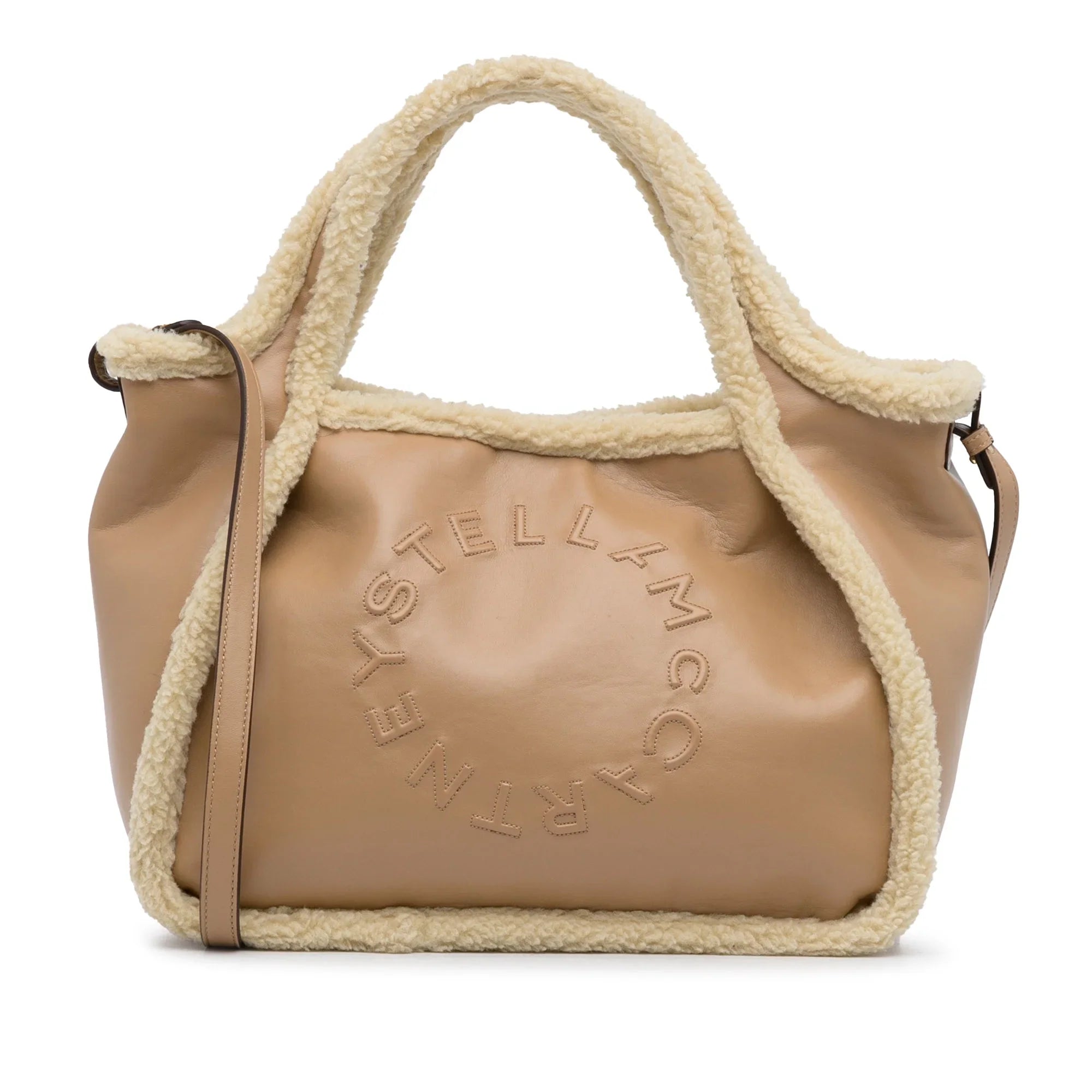 Pre-Owned Authenticated Stella McCartney Shearling Trimmed Stella Logo Satchel Chemical Fiber Fabric Brown Unisex (Good)
