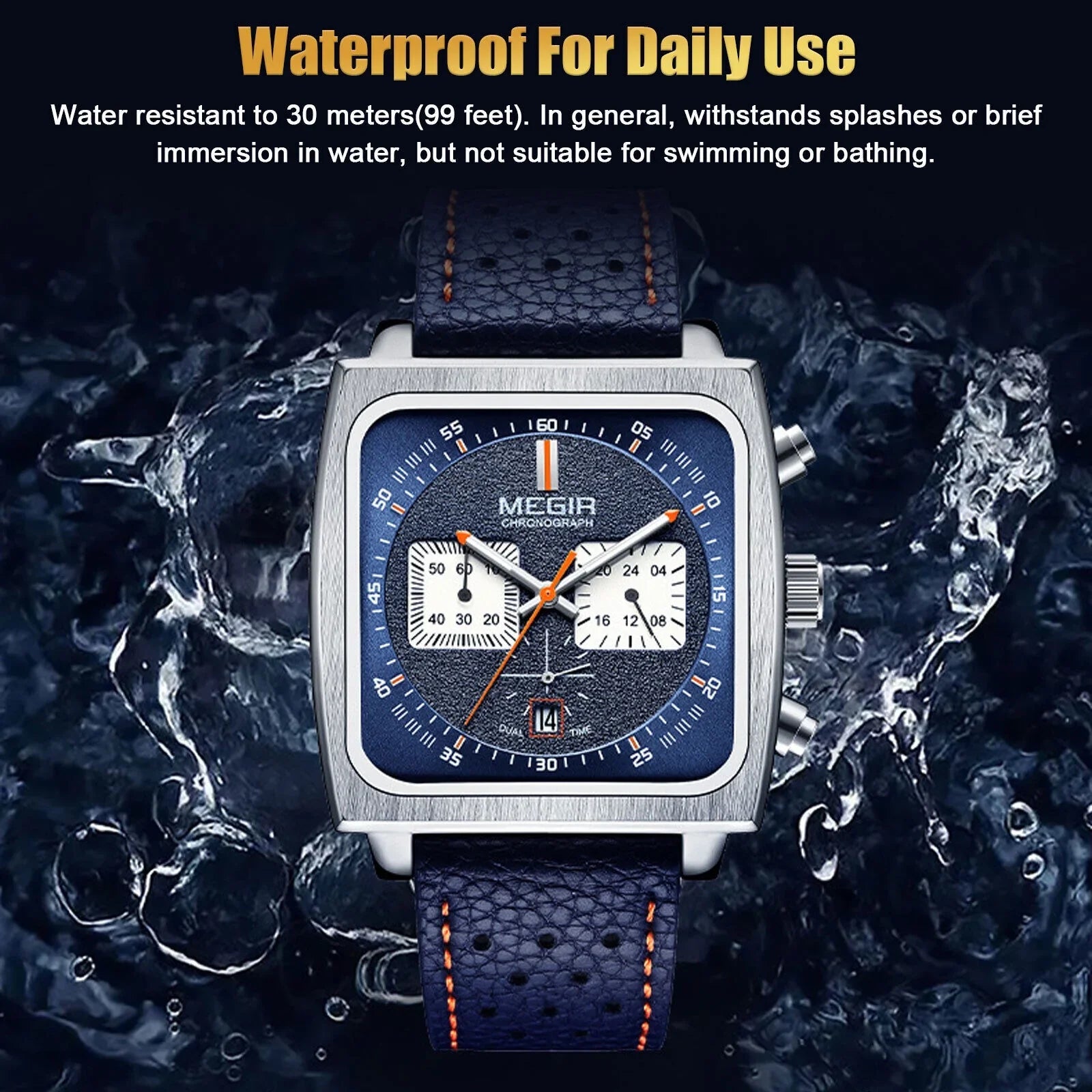 Fashion  Square Men Watch Luminous Quartz Waterproof Calendar Leather Wrist