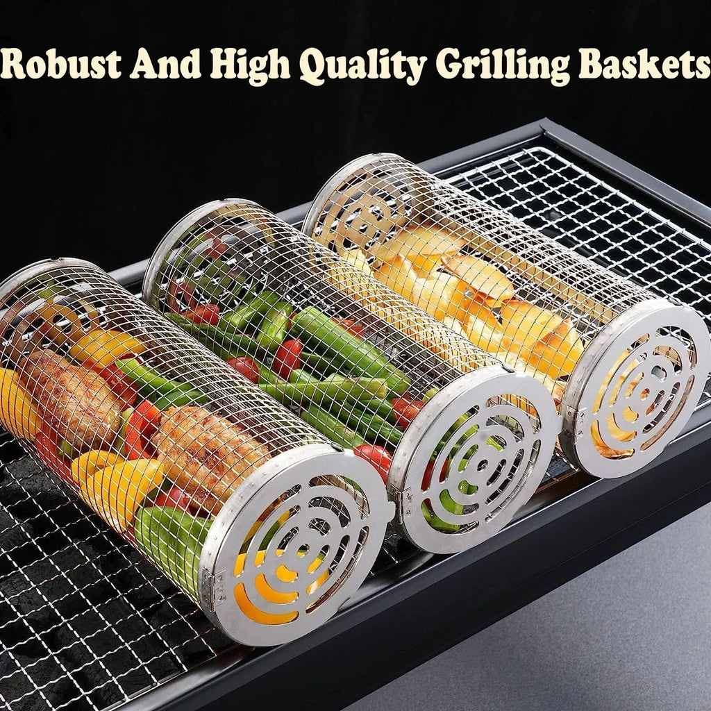 2PC Rolling Grilling Basket，Round Barbecue  Grilling Basket ，Portable Outdoor Camping  Rack for Fish, Shrimp, Vegetables, Barbeque Griller Cooking Accessories