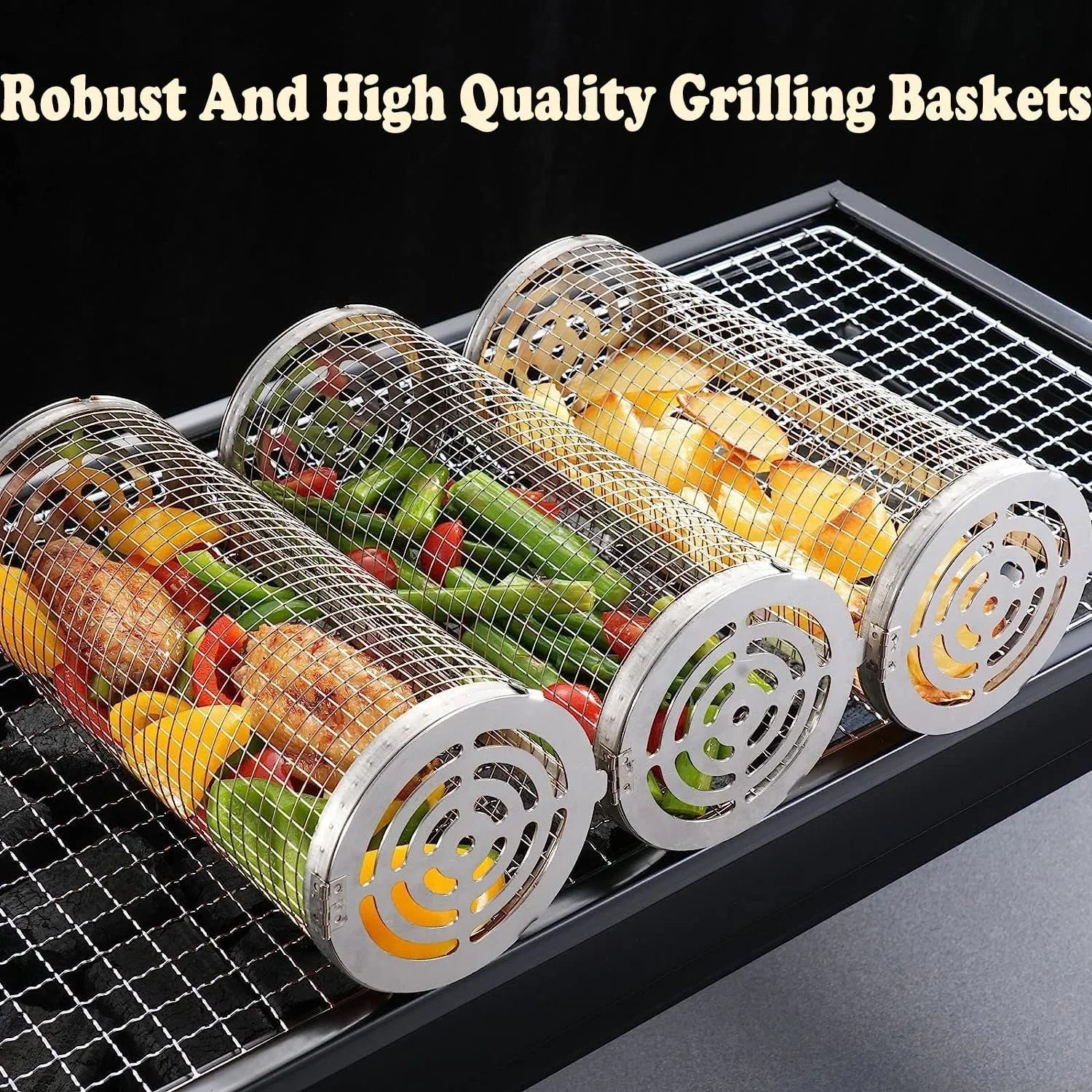 2PC Rolling Grilling Basket，Round Barbecue  Grilling Basket ，Portable Outdoor Camping  Rack for Fish, Shrimp, Vegetables, Barbeque Griller Cooking Accessories